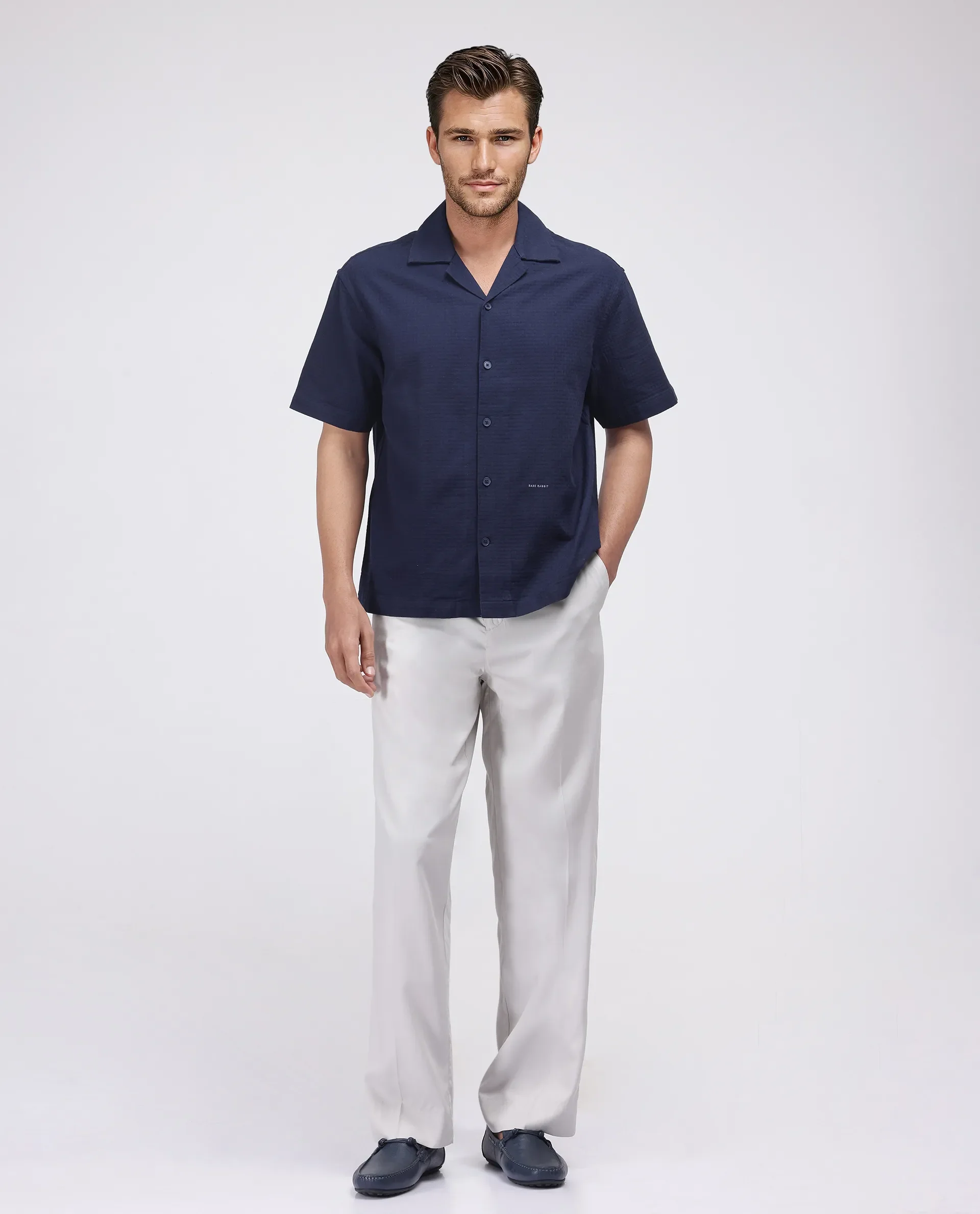 Rare Rabbit Men's Rics Navy Cotton Textured Boxy Fit Half Sleeve Collared Shirt - Image 2