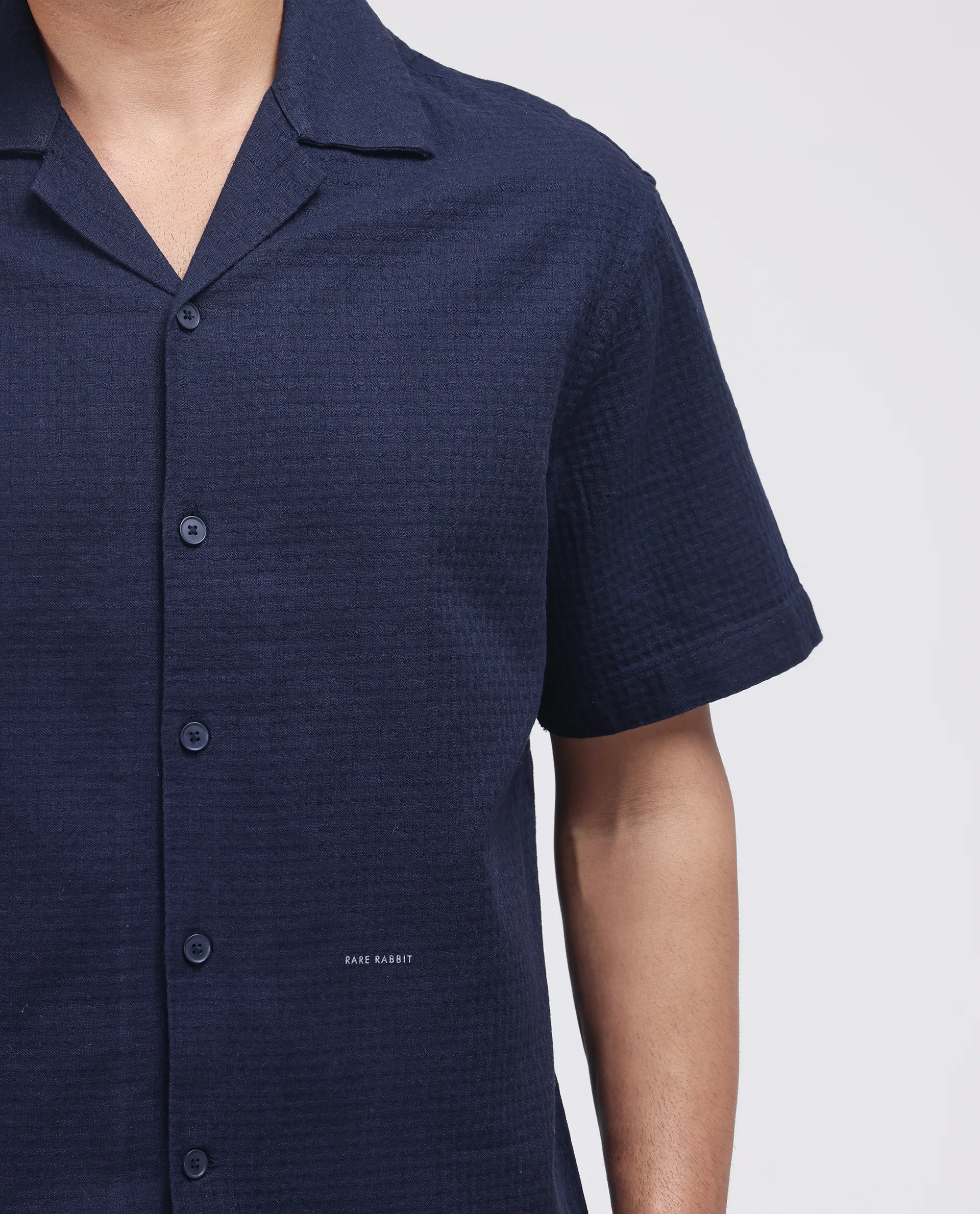 Rare Rabbit Men's Rics Navy Cotton Textured Boxy Fit Half Sleeve Collared Shirt - Image 3