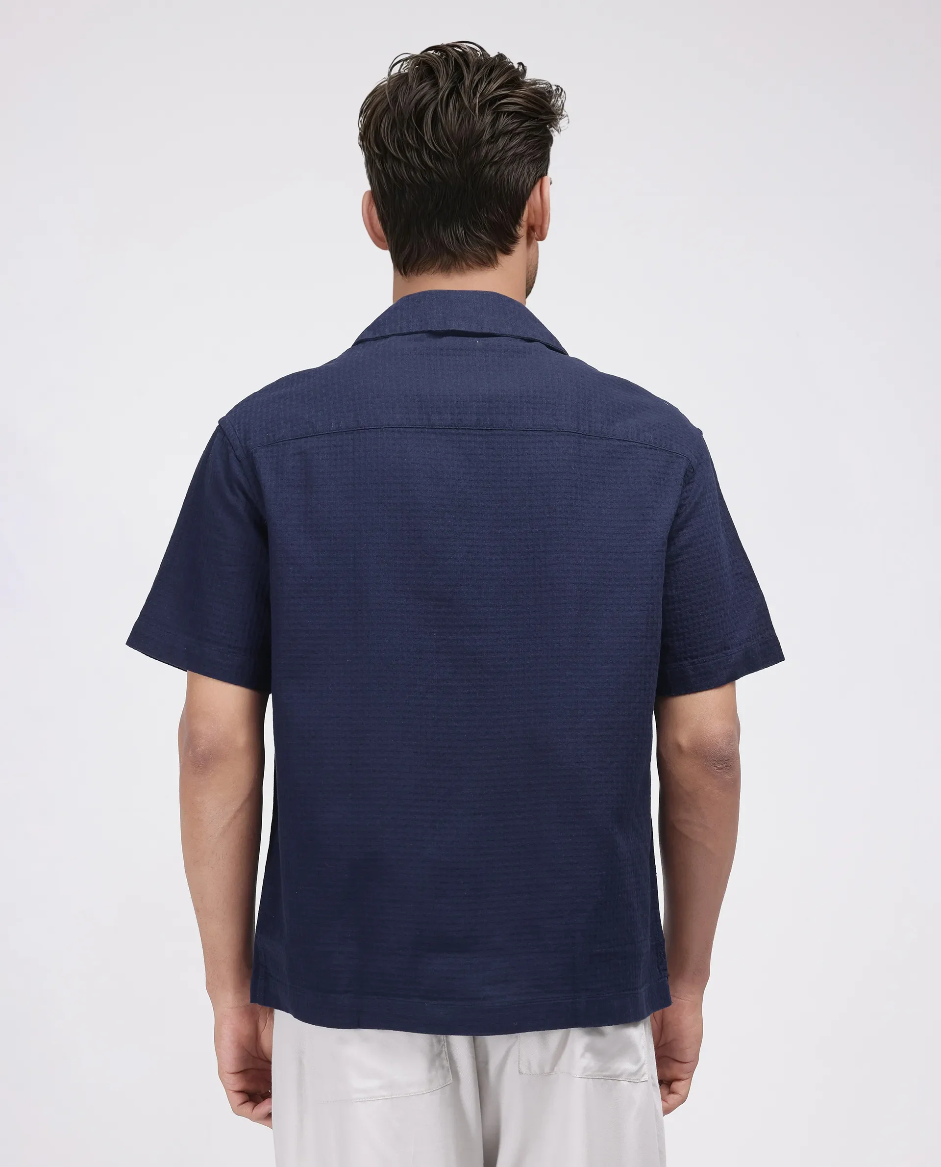 Rare Rabbit Men's Rics Navy Cotton Textured Boxy Fit Half Sleeve Collared Shirt - Image 4
