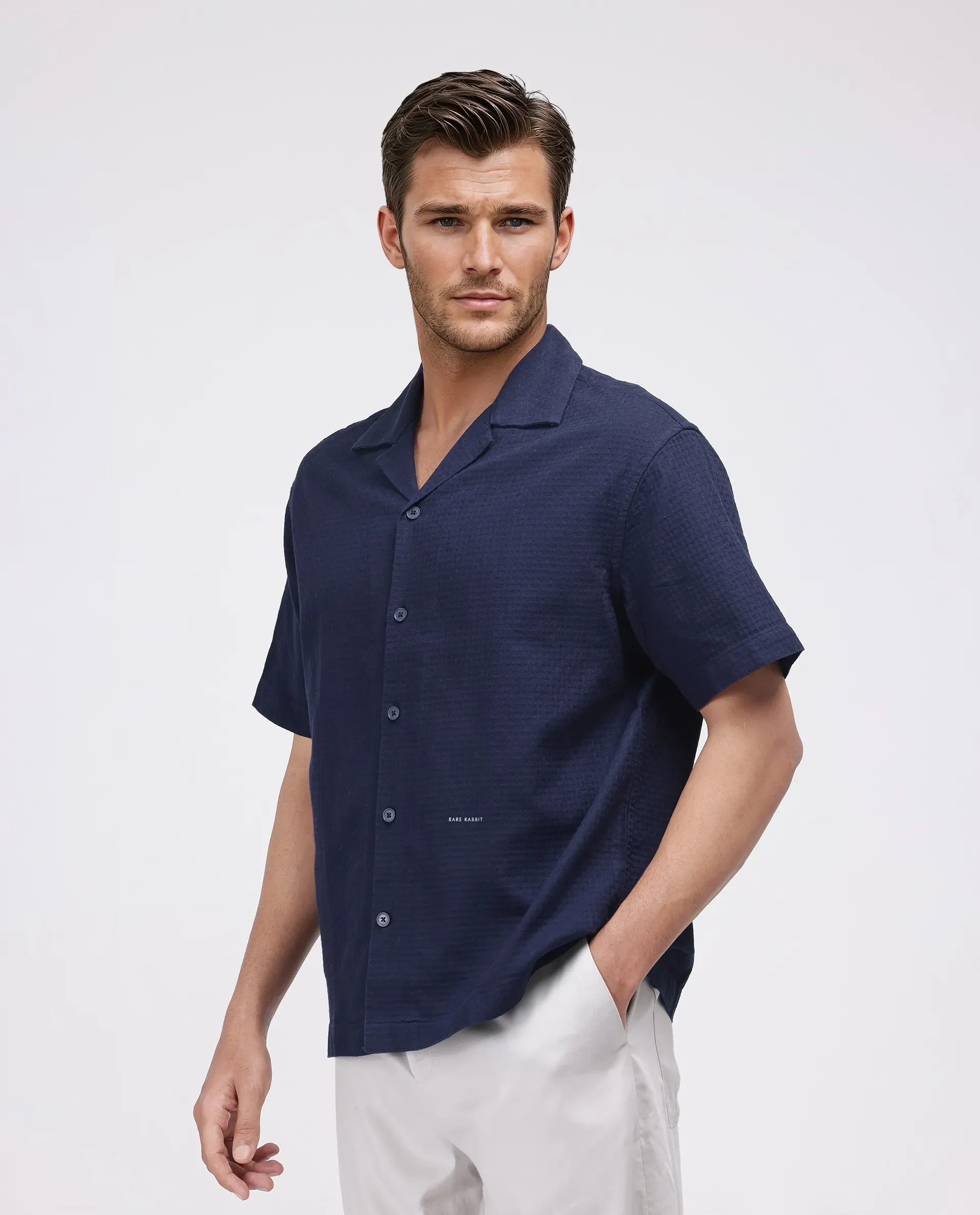 Rare Rabbit Men's Rics Navy Cotton Textured Boxy Fit Half Sleeve Collared Shirt - Image 5