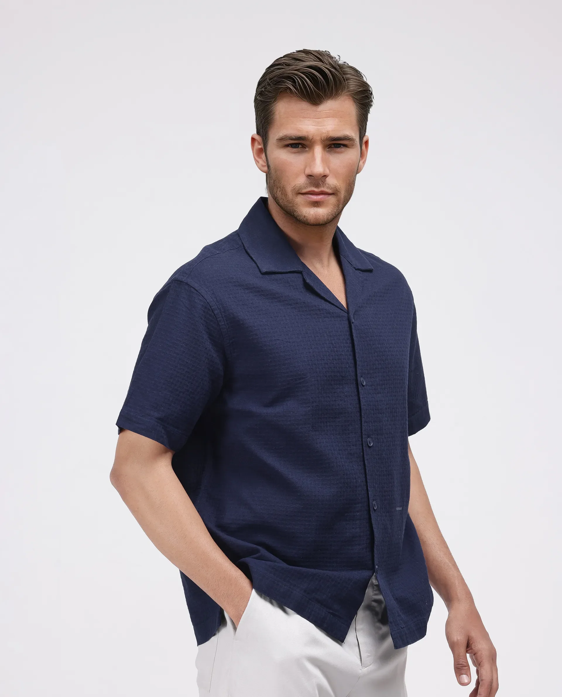 Rare Rabbit Men's Rics Navy Cotton Textured Boxy Fit Half Sleeve Collared Shirt - Image 6