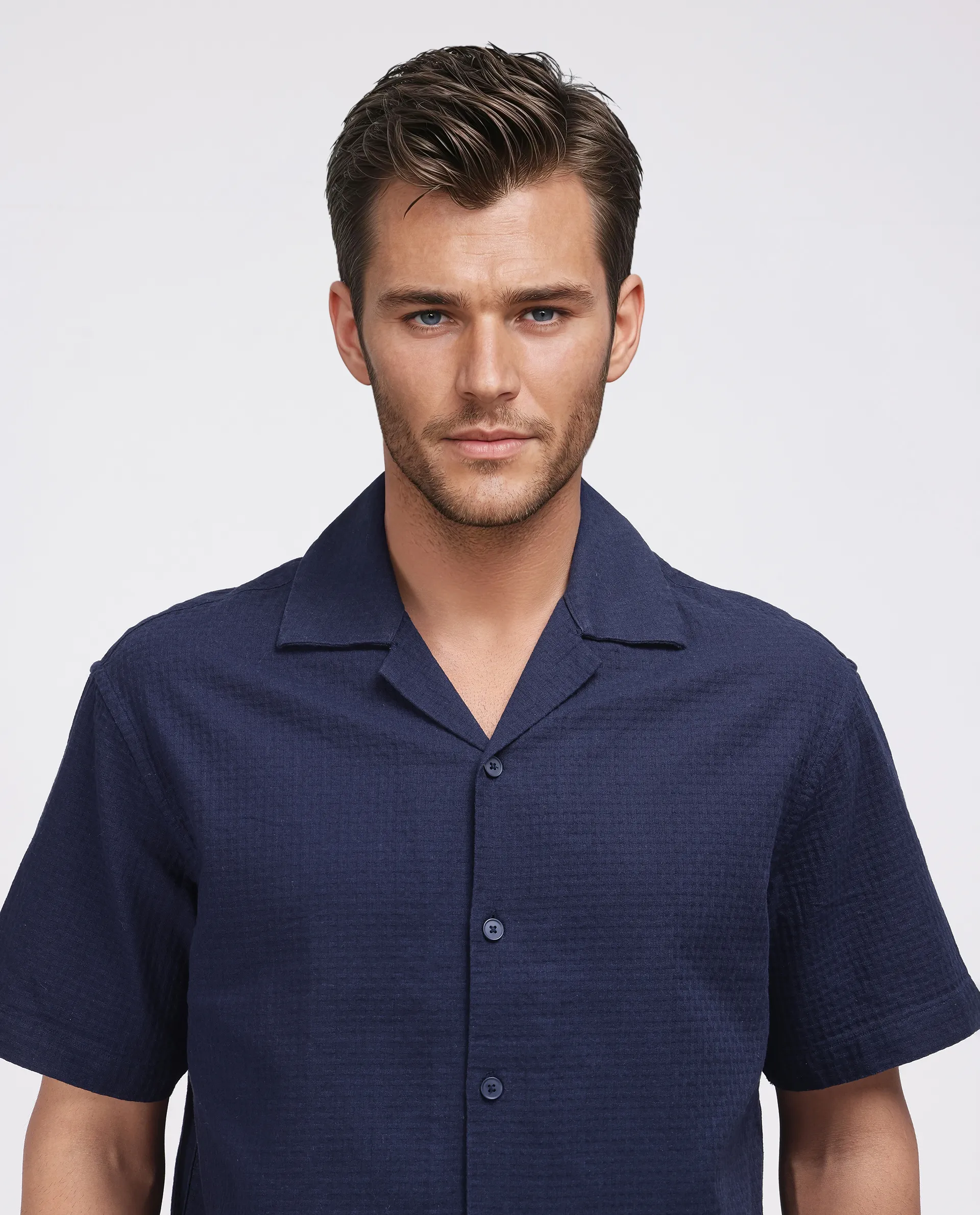 Rare Rabbit Men's Rics Navy Cotton Textured Boxy Fit Half Sleeve Collared Shirt - Image 7