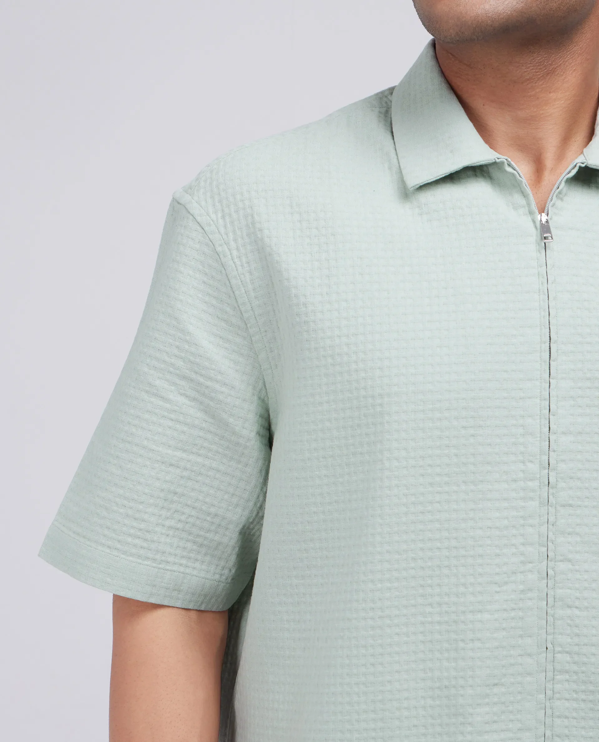 Rare Rabbit Men's Rics Pastel Green Cotton Textured Boxy Fit Half Sleeve Collared Shirt - Image 2