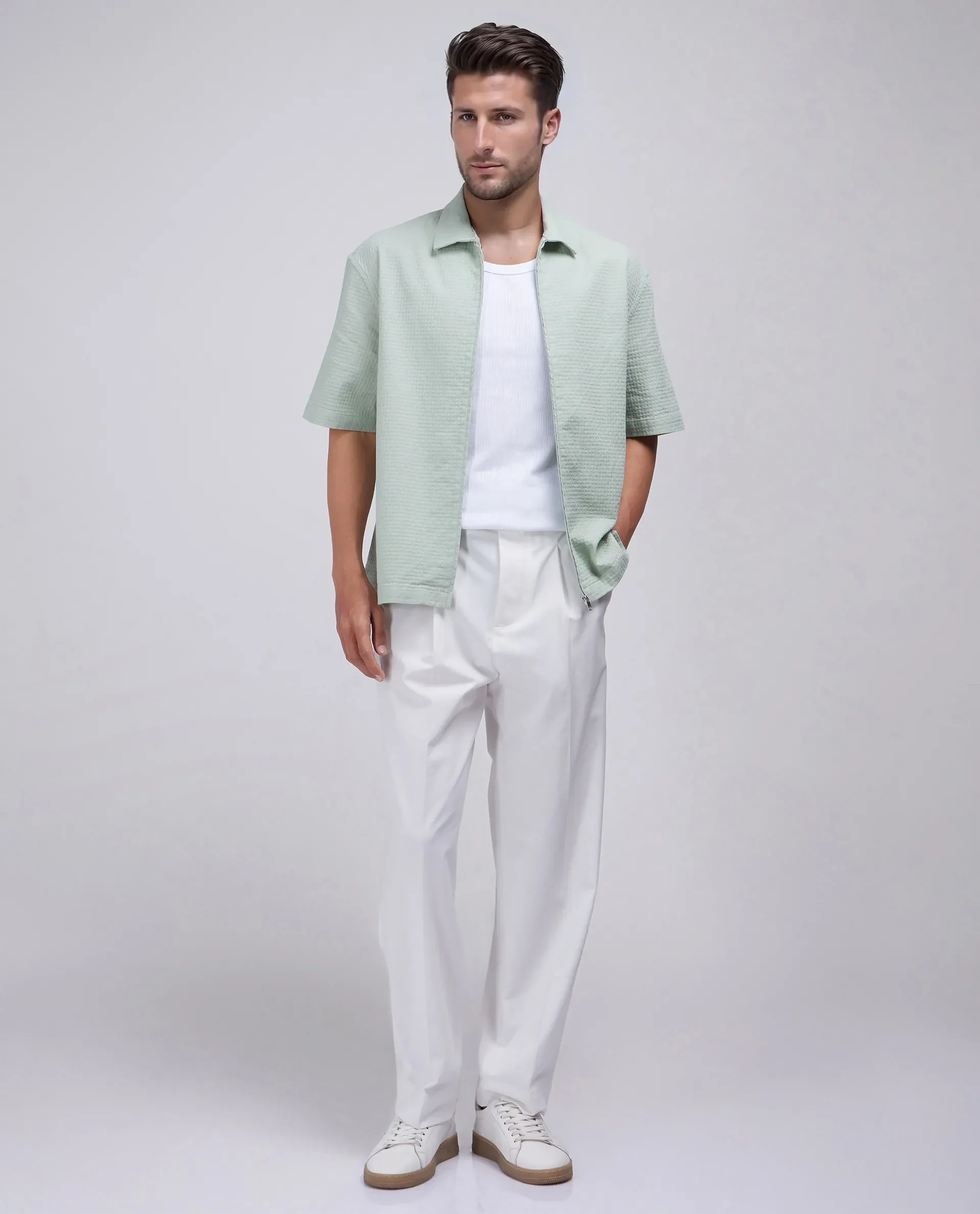 Rare Rabbit Men's Rics Pastel Green Cotton Textured Boxy Fit Half Sleeve Collared Shirt - Image 3