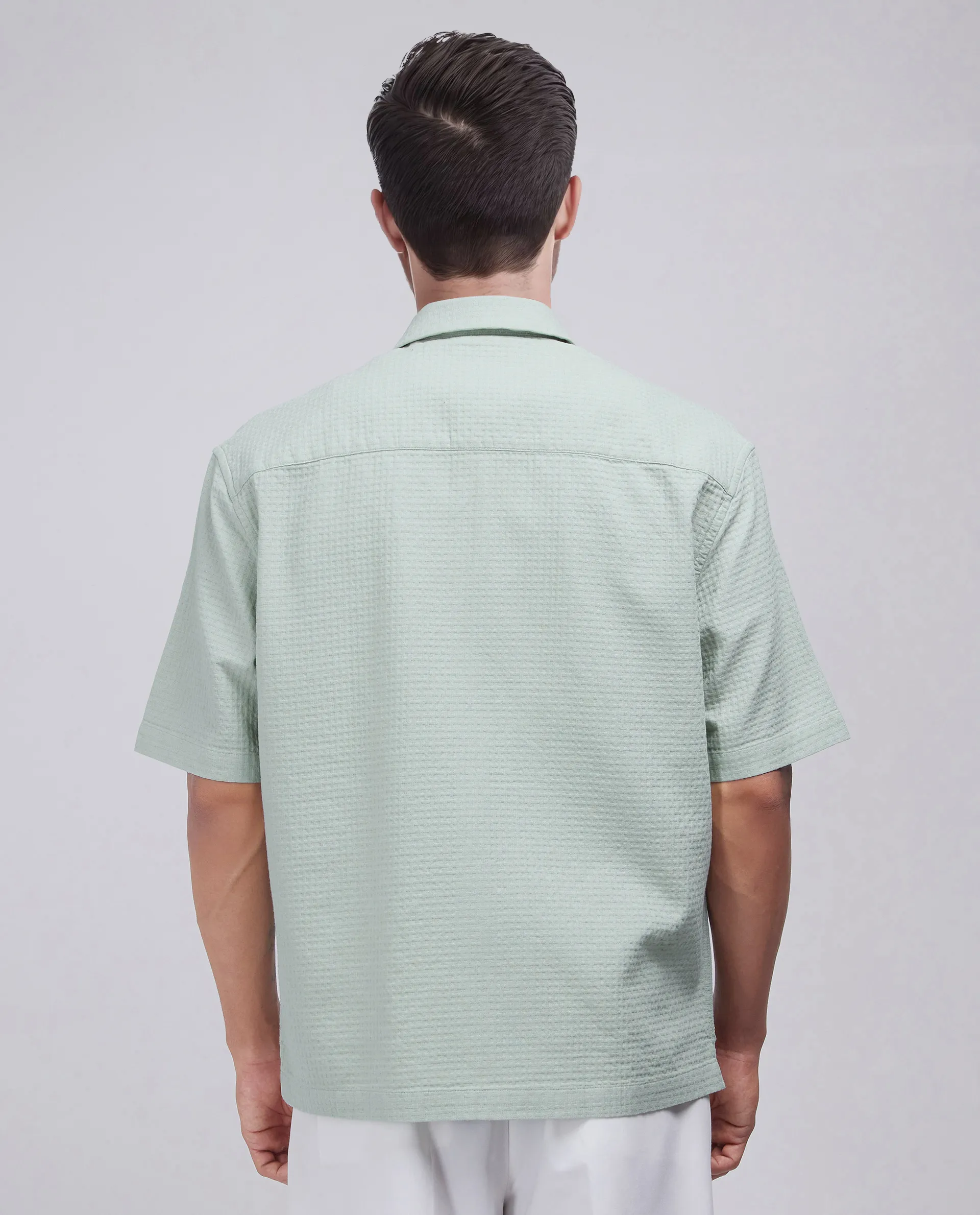 Rare Rabbit Men's Rics Pastel Green Cotton Textured Boxy Fit Half Sleeve Collared Shirt - Image 4
