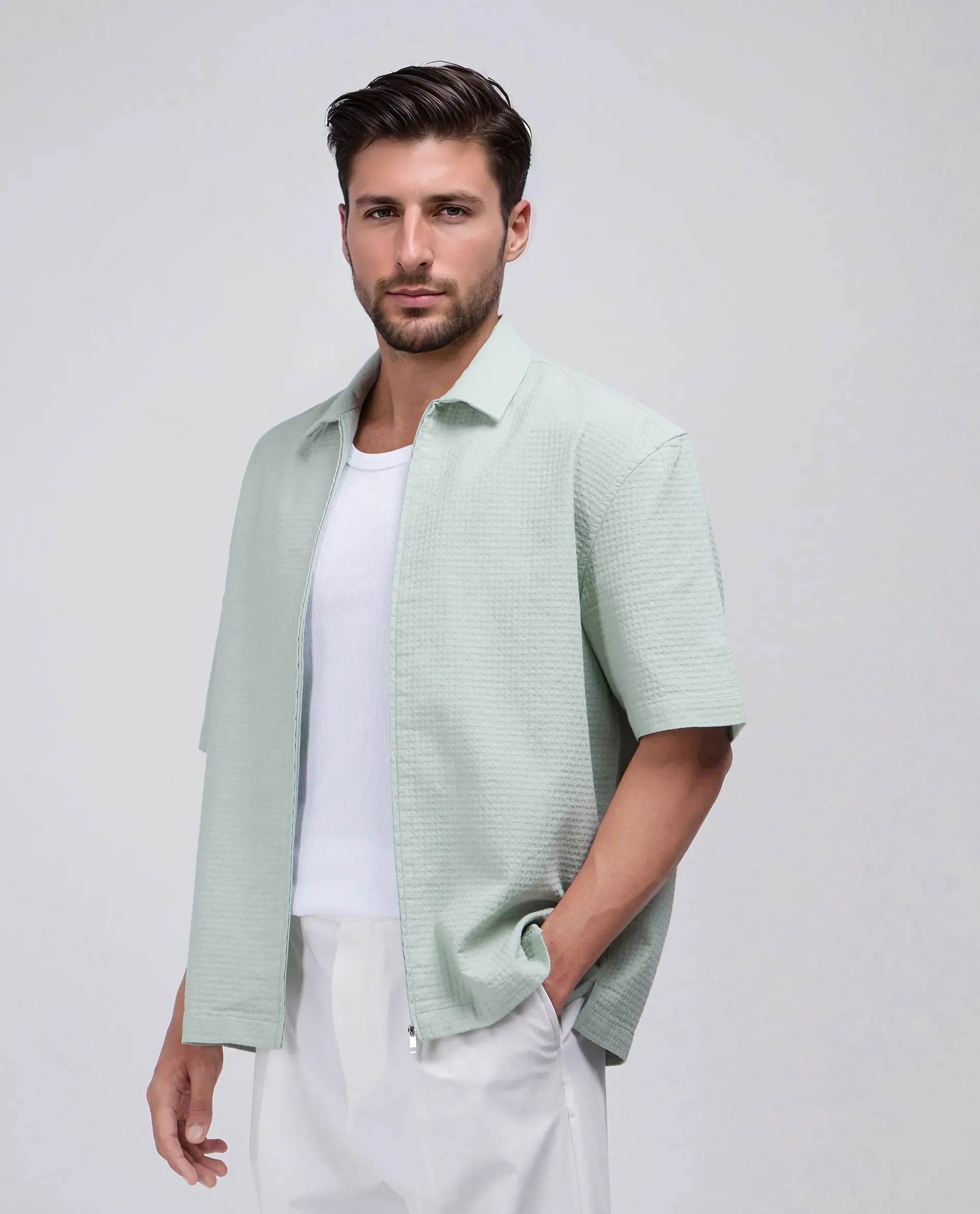 Rare Rabbit Men's Rics Pastel Green Cotton Textured Boxy Fit Half Sleeve Collared Shirt - Image 5