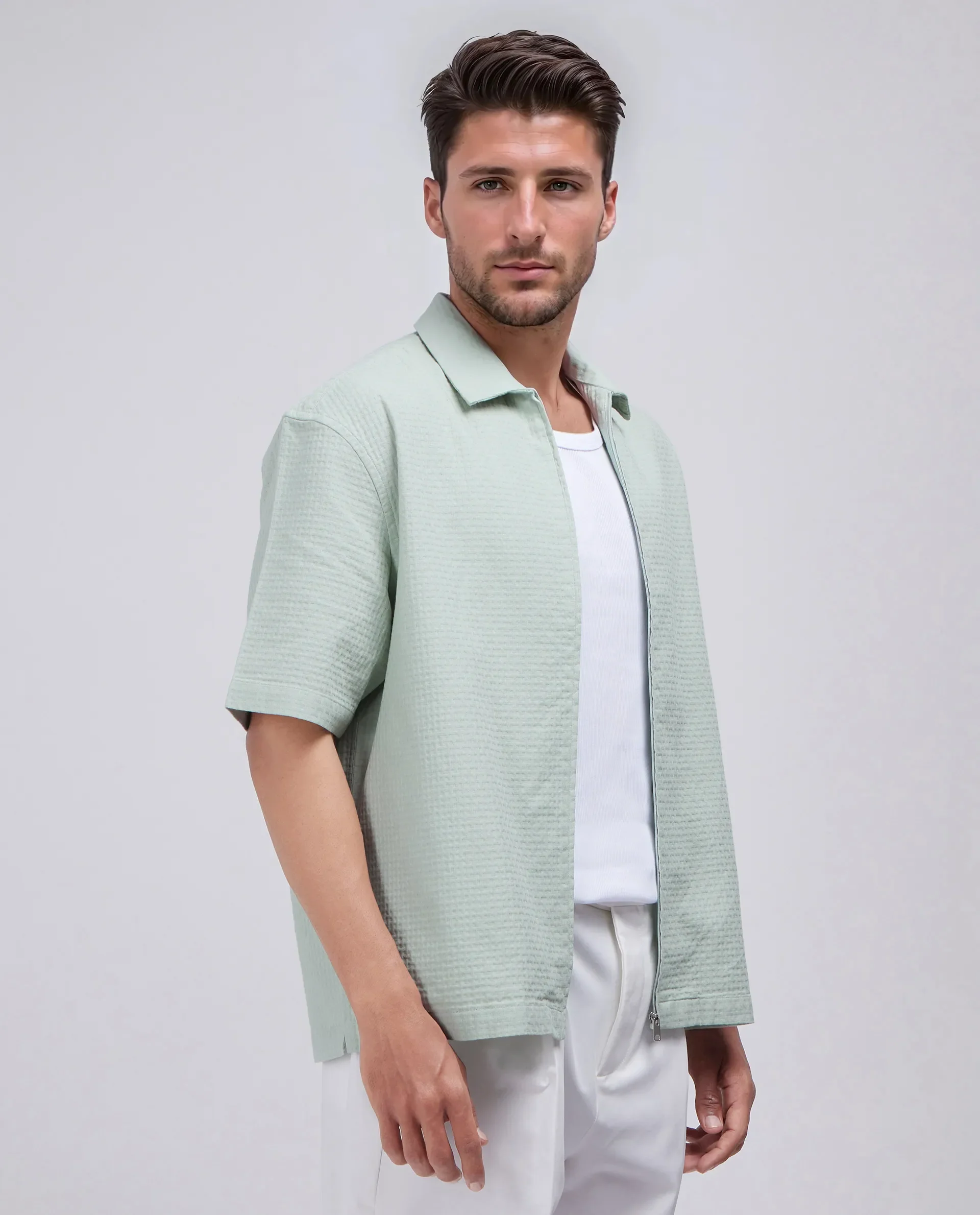 Rare Rabbit Men's Rics Pastel Green Cotton Textured Boxy Fit Half Sleeve Collared Shirt - Image 6
