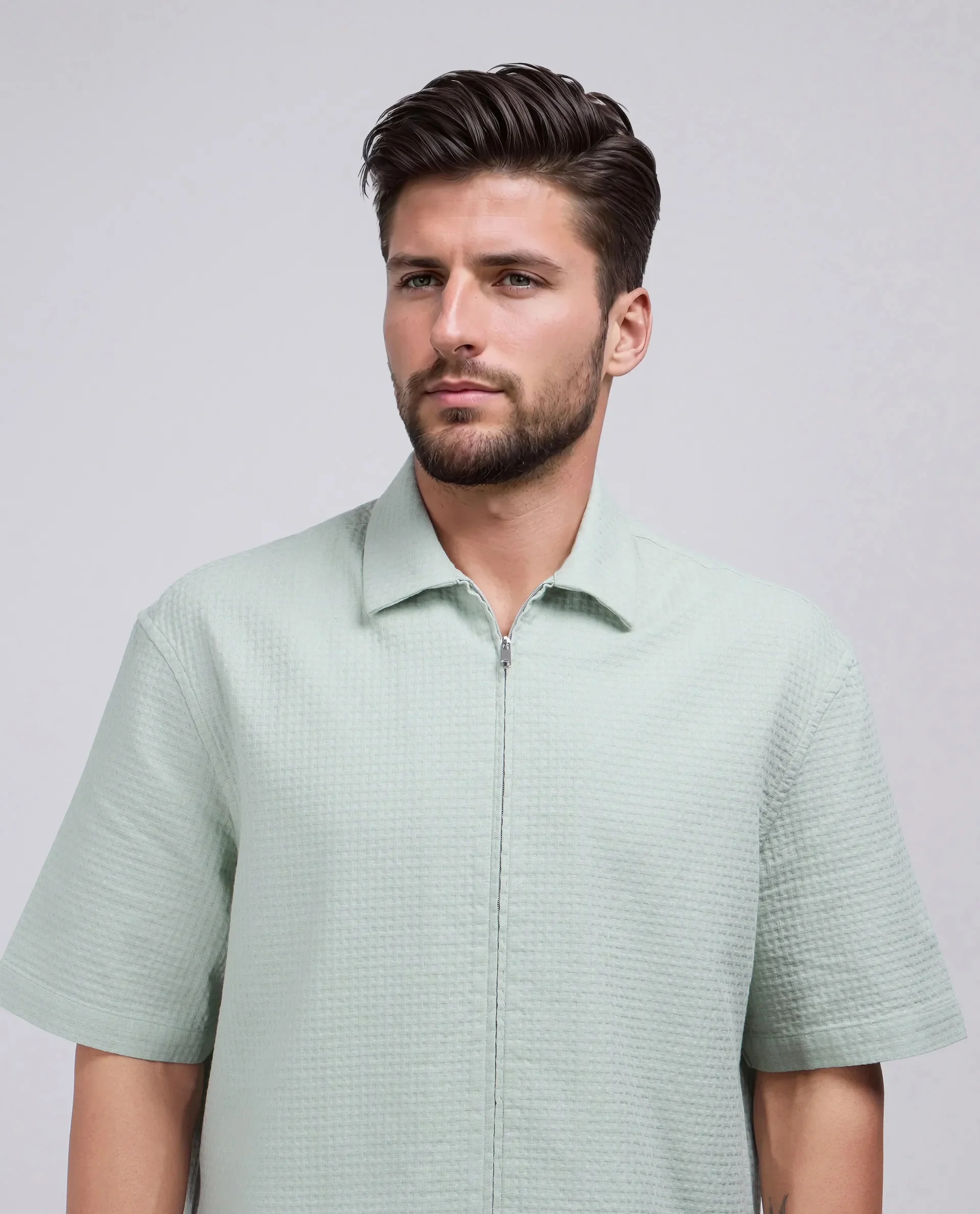 Rare Rabbit Men's Rics Pastel Green Cotton Textured Boxy Fit Half Sleeve Collared Shirt - Image 7