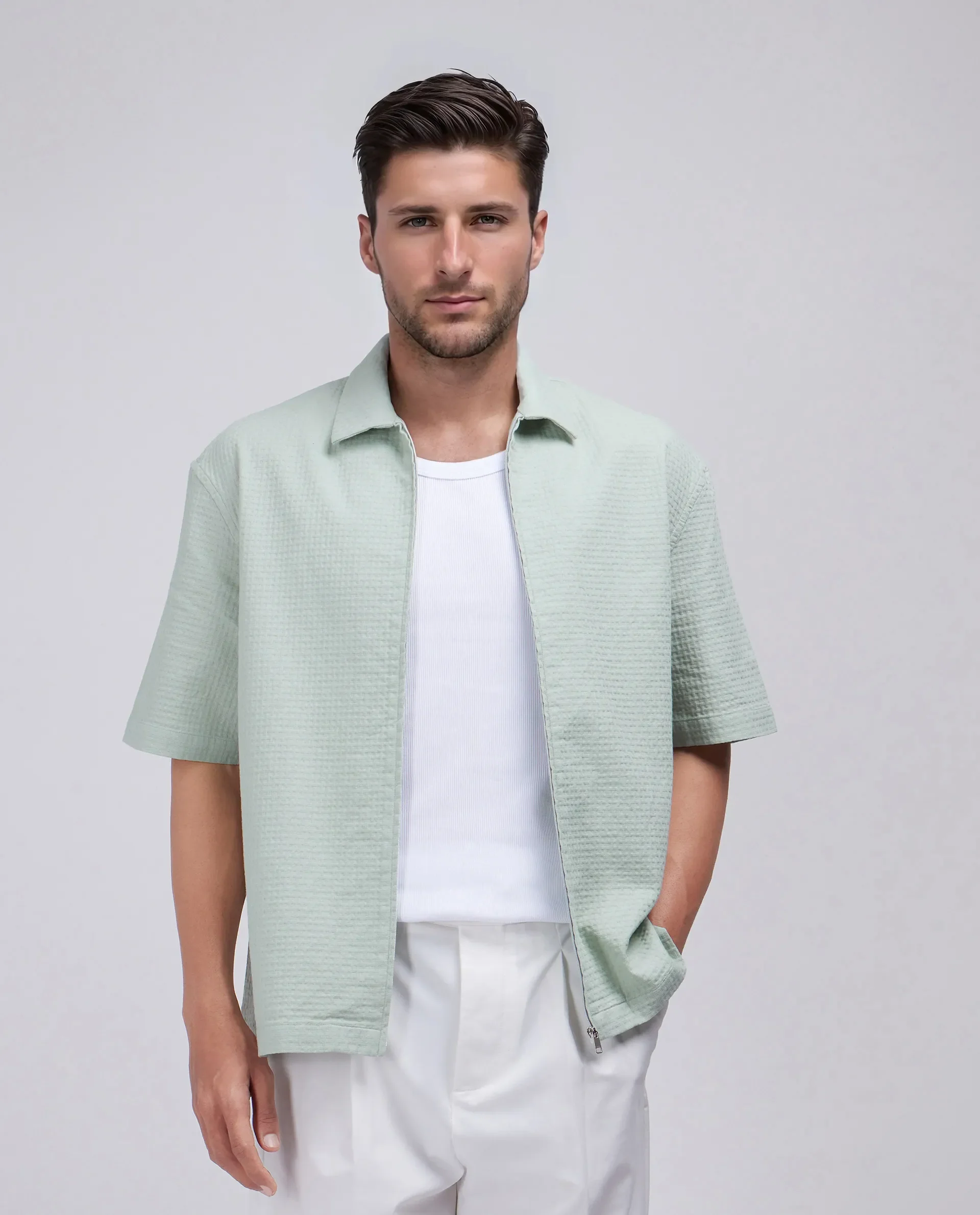 Rare Rabbit Men's Rics Pastel Green Cotton Textured Boxy Fit Half Sleeve Collared Shirt - Image 8