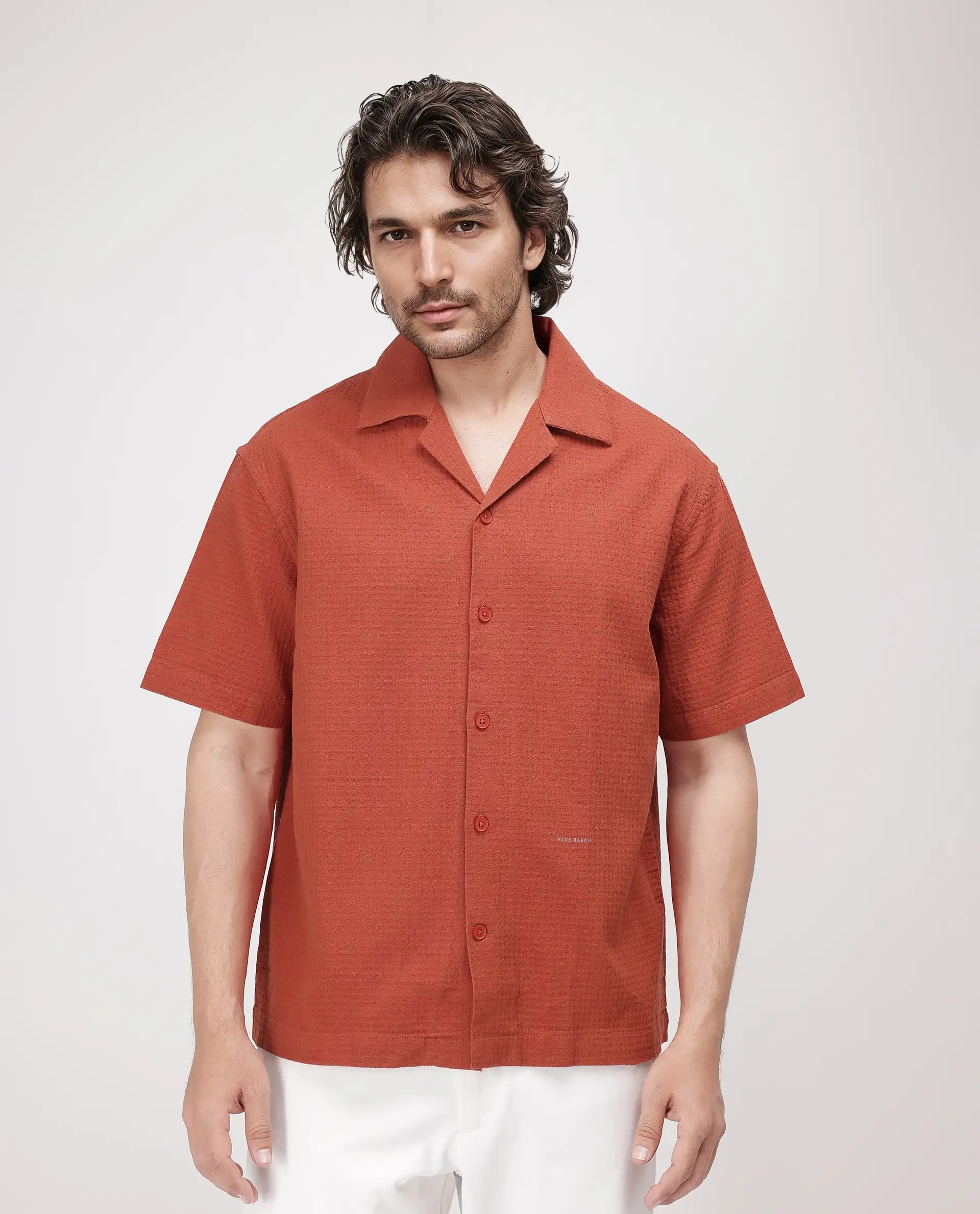 Rare Rabbit Men's Rics Rust Cotton Textured Boxy Fit Half Sleeve Cuban Collar Shirt
