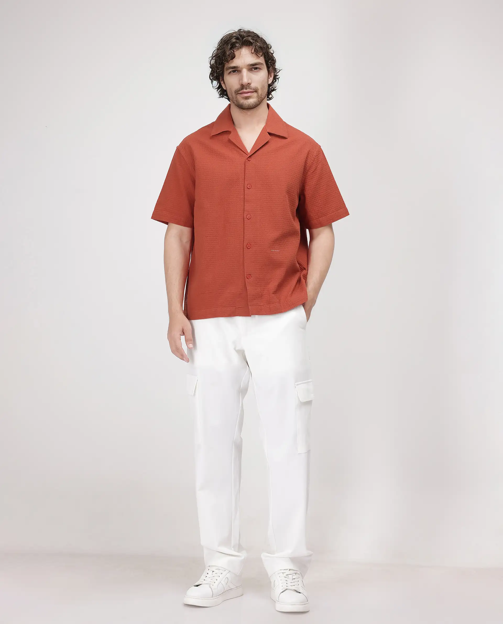 Rare Rabbit Men's Rics Rust Cotton Textured Boxy Fit Half Sleeve Cuban Collar Shirt - Image 2
