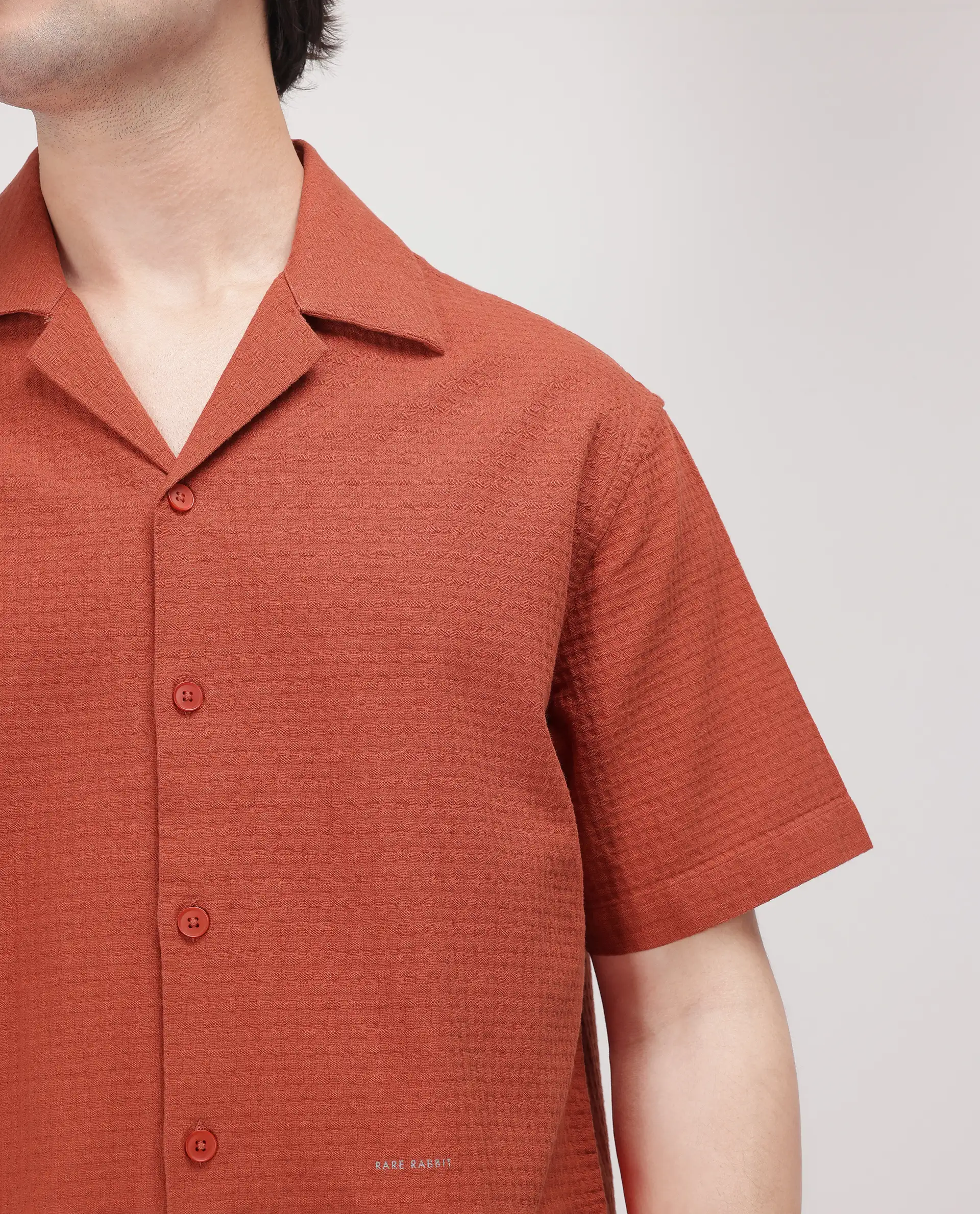 Rare Rabbit Men's Rics Rust Cotton Textured Boxy Fit Half Sleeve Cuban Collar Shirt - Image 3