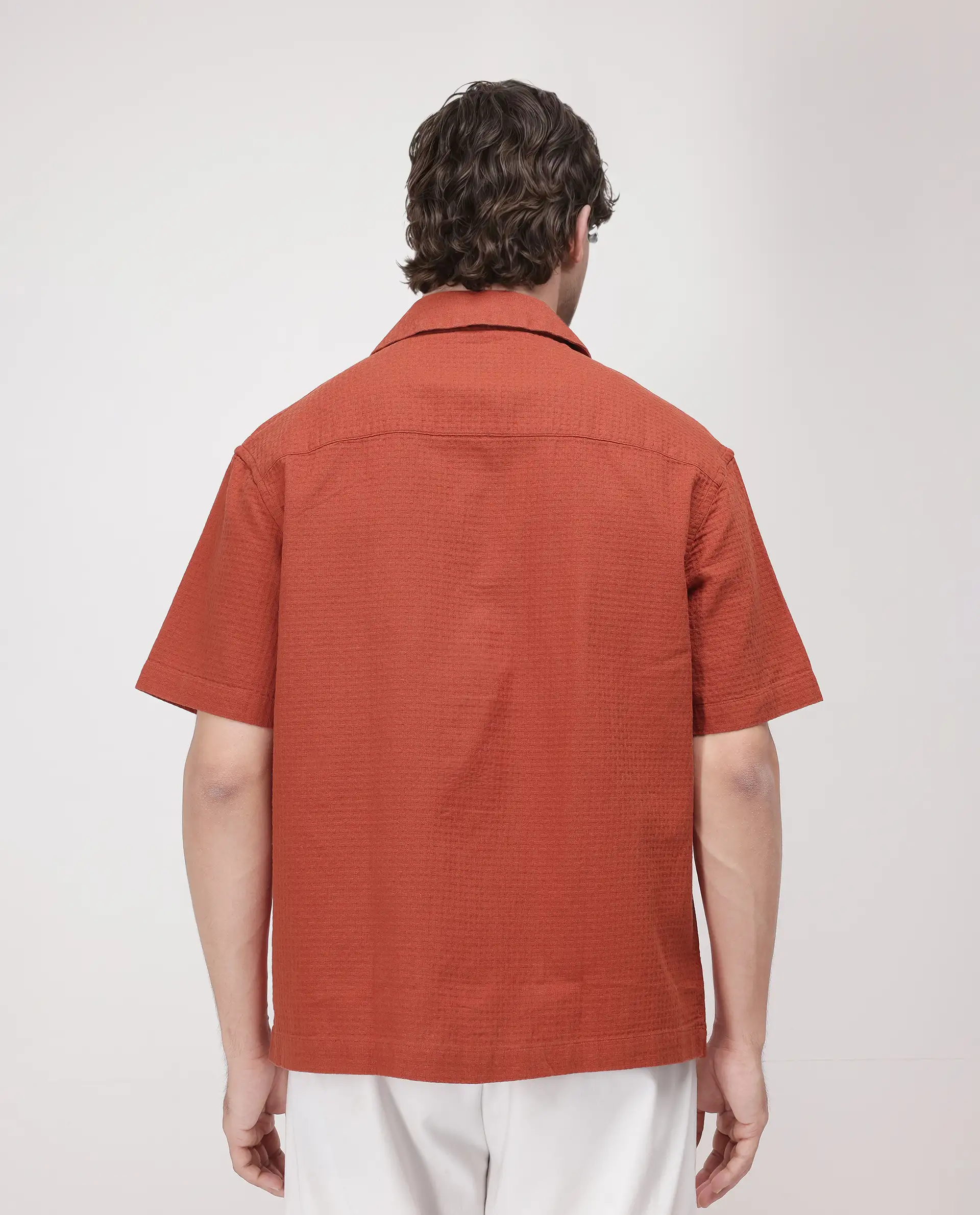 Rare Rabbit Men's Rics Rust Cotton Textured Boxy Fit Half Sleeve Cuban Collar Shirt - Image 4