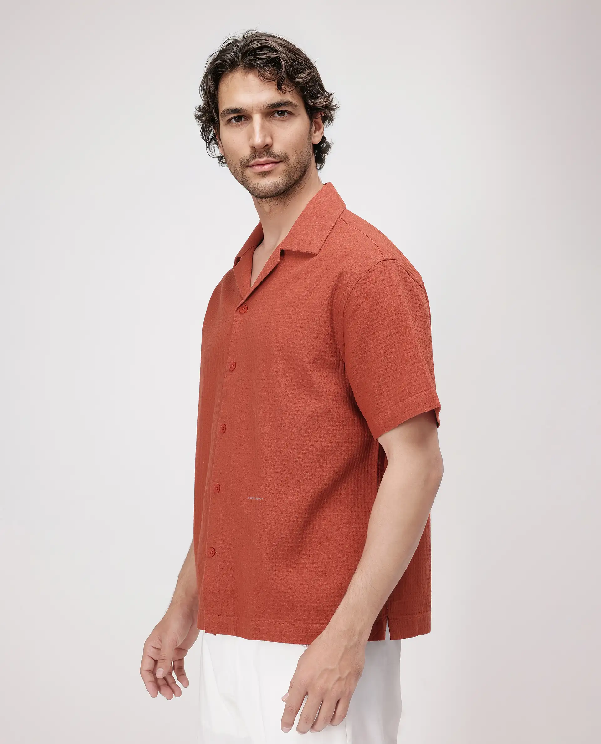 Rare Rabbit Men's Rics Rust Cotton Textured Boxy Fit Half Sleeve Cuban Collar Shirt - Image 5