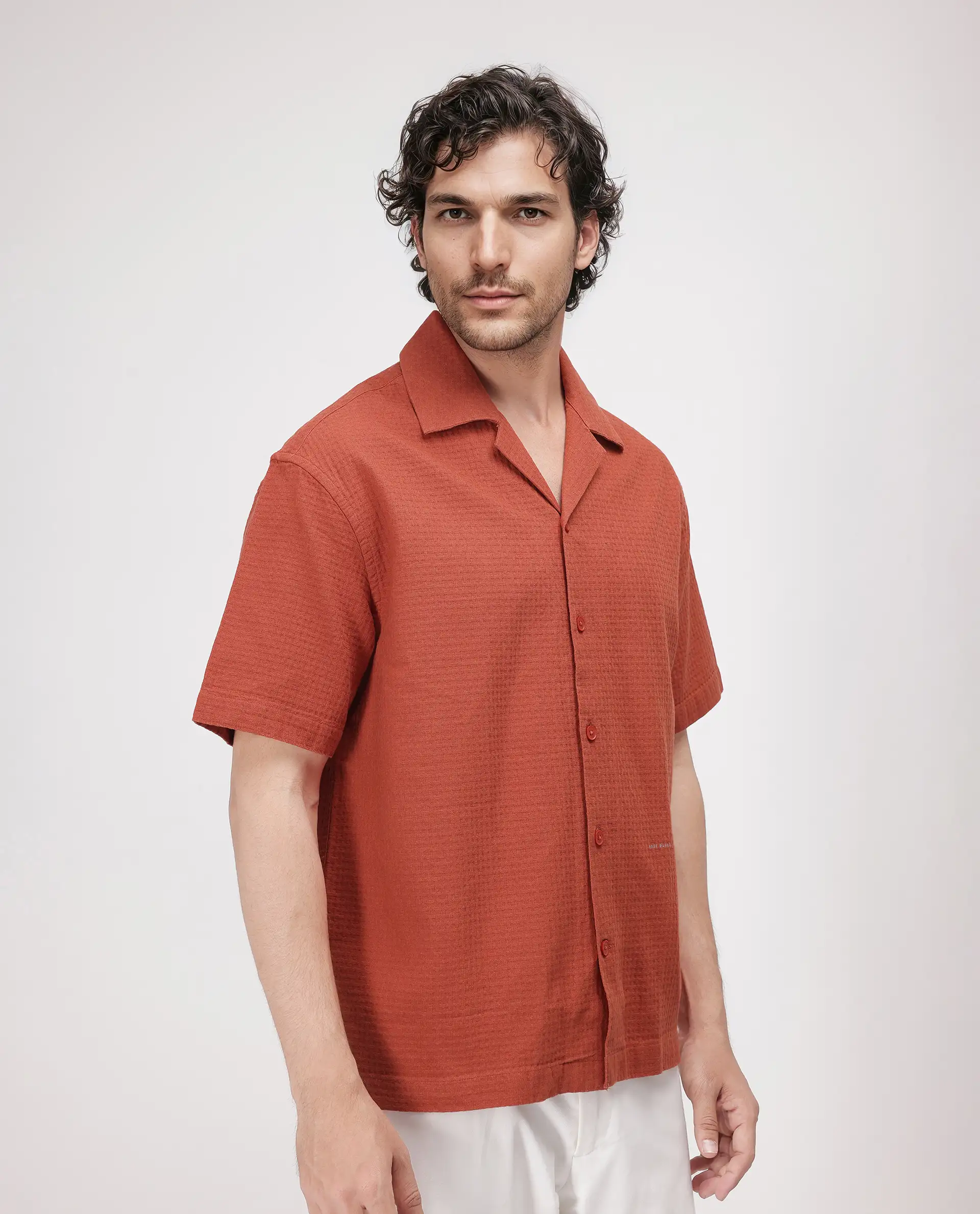 Rare Rabbit Men's Rics Rust Cotton Textured Boxy Fit Half Sleeve Cuban Collar Shirt - Image 6