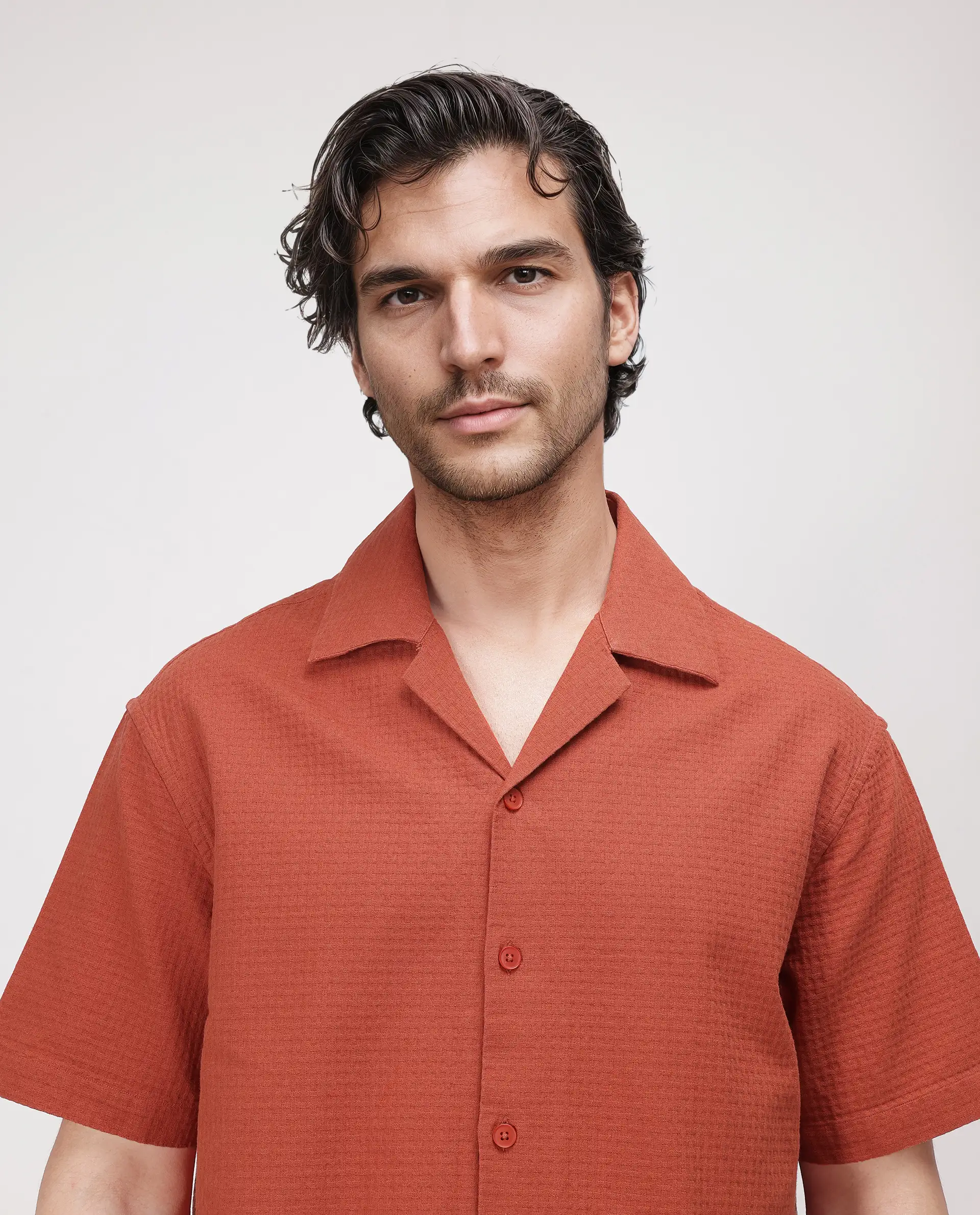 Rare Rabbit Men's Rics Rust Cotton Textured Boxy Fit Half Sleeve Cuban Collar Shirt - Image 7