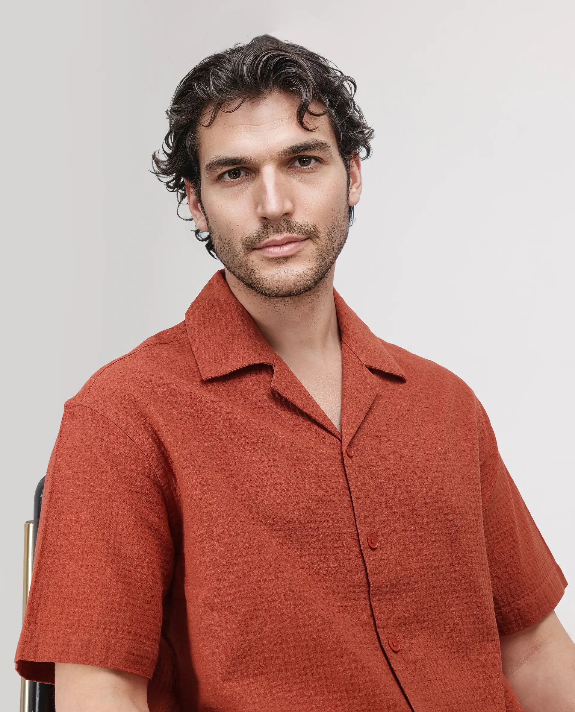 Rare Rabbit Men's Rics Rust Cotton Textured Boxy Fit Half Sleeve Cuban Collar Shirt - Image 8
