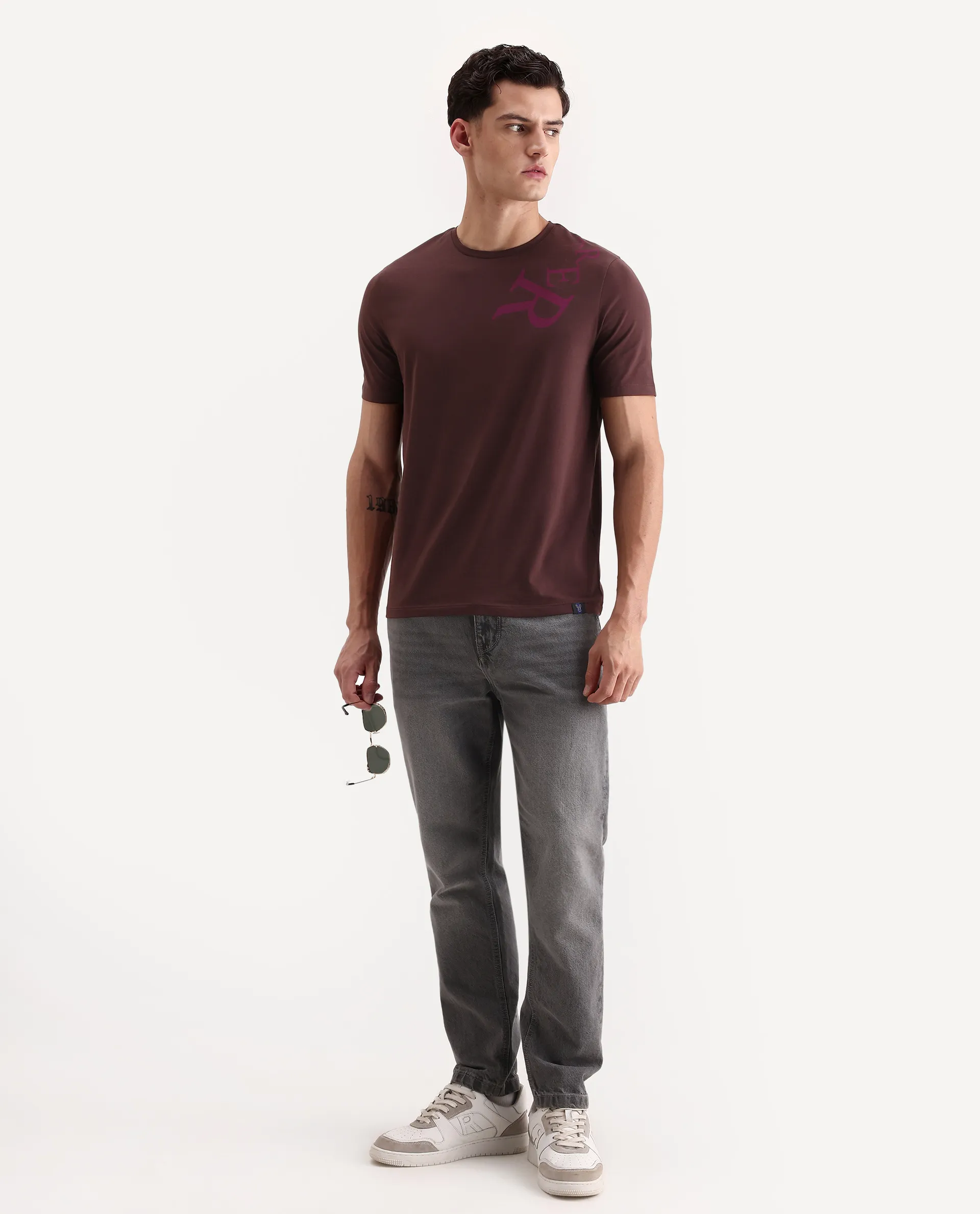 Rare Rabbit Men's Rida Dark Brown Cotton Blend Fabric Crew Neck Regular Graphic Print T-Shirt - Image 2