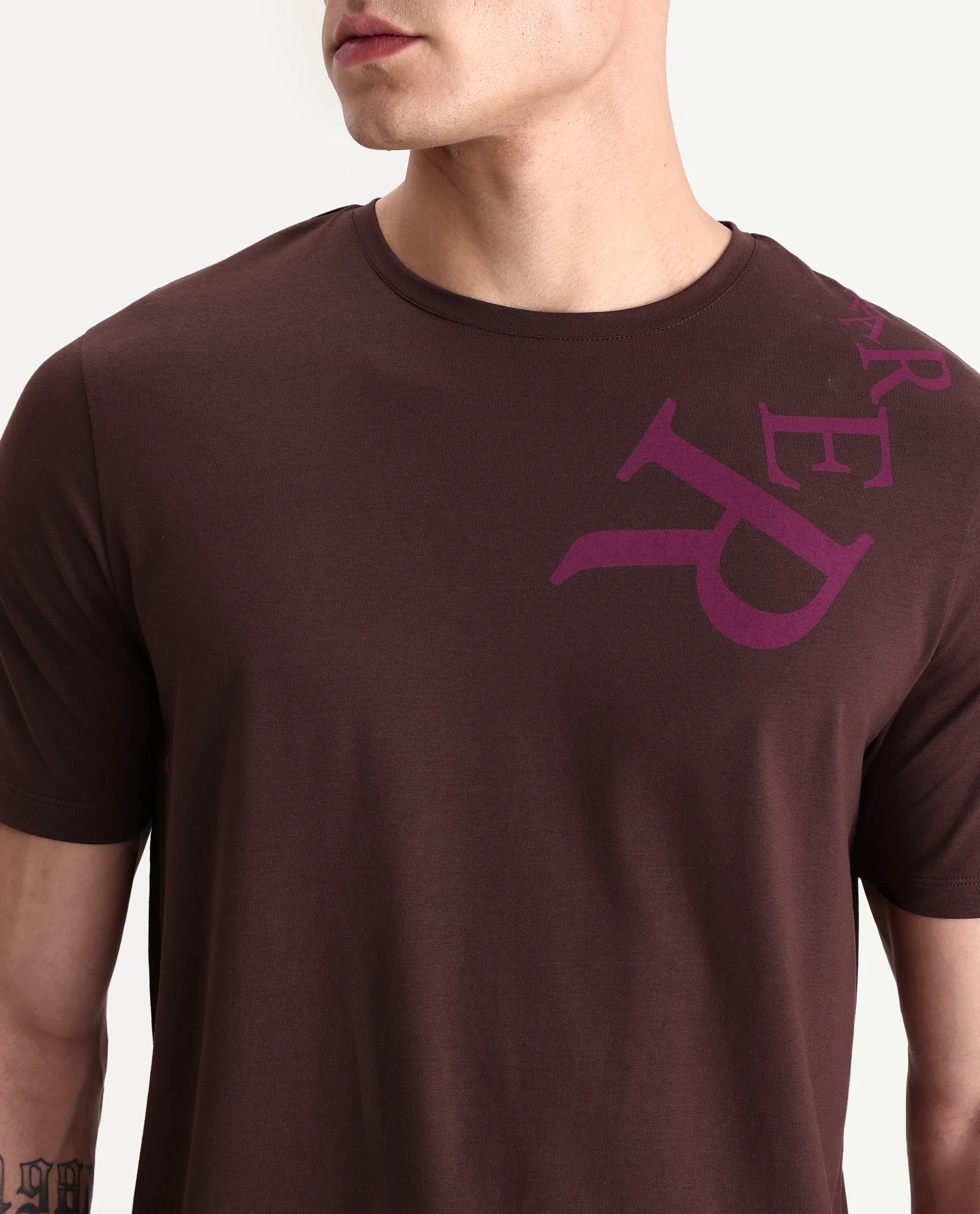 Rare Rabbit Men's Rida Dark Brown Cotton Blend Fabric Crew Neck Regular Graphic Print T-Shirt - Image 3