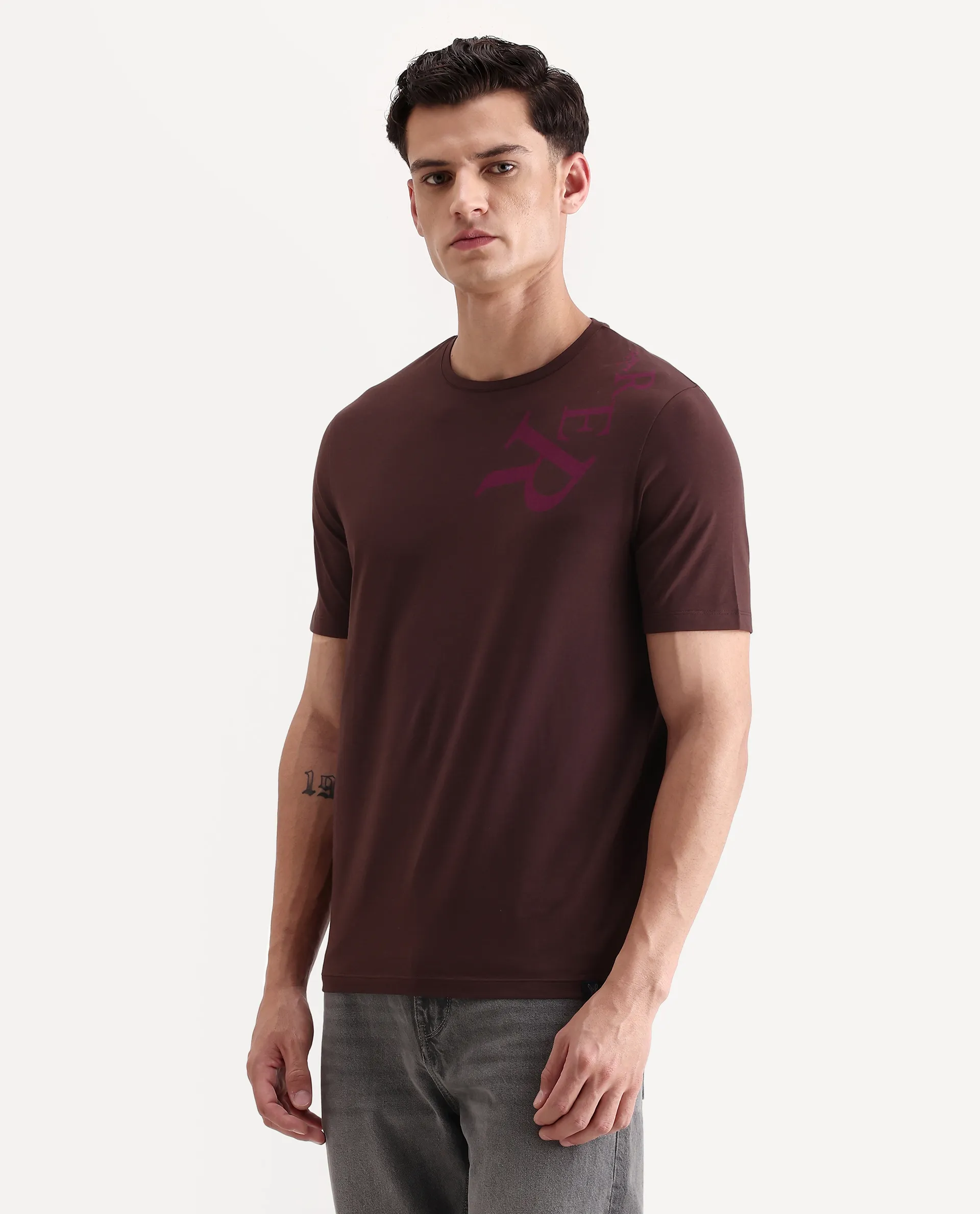 Rare Rabbit Men's Rida Dark Brown Cotton Blend Fabric Crew Neck Regular Graphic Print T-Shirt - Image 4