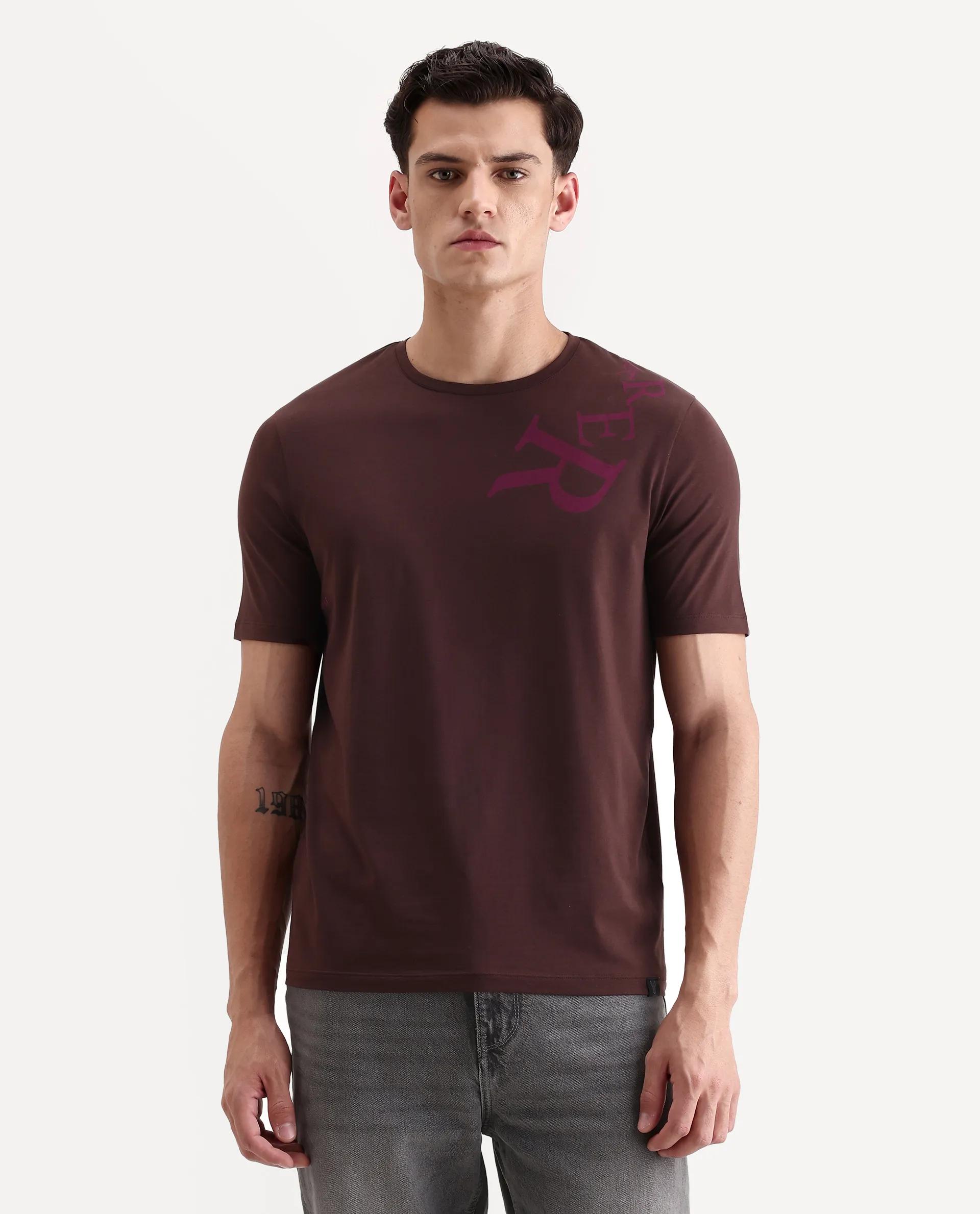 Rare Rabbit Men's Rida Dark Brown Cotton Blend Fabric Crew Neck Regular Graphic Print T-Shirt - Image 5