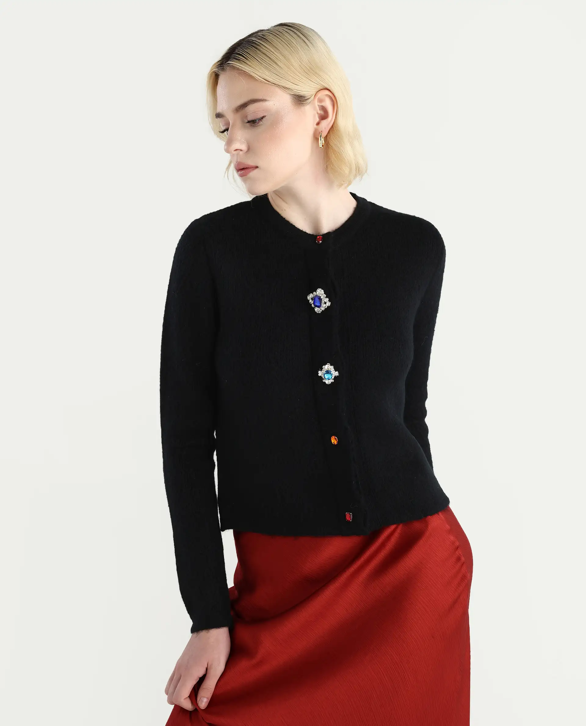 Rareism Women's Ries Black Acrylic Blend Crew Neck Regular Fit Cardigan