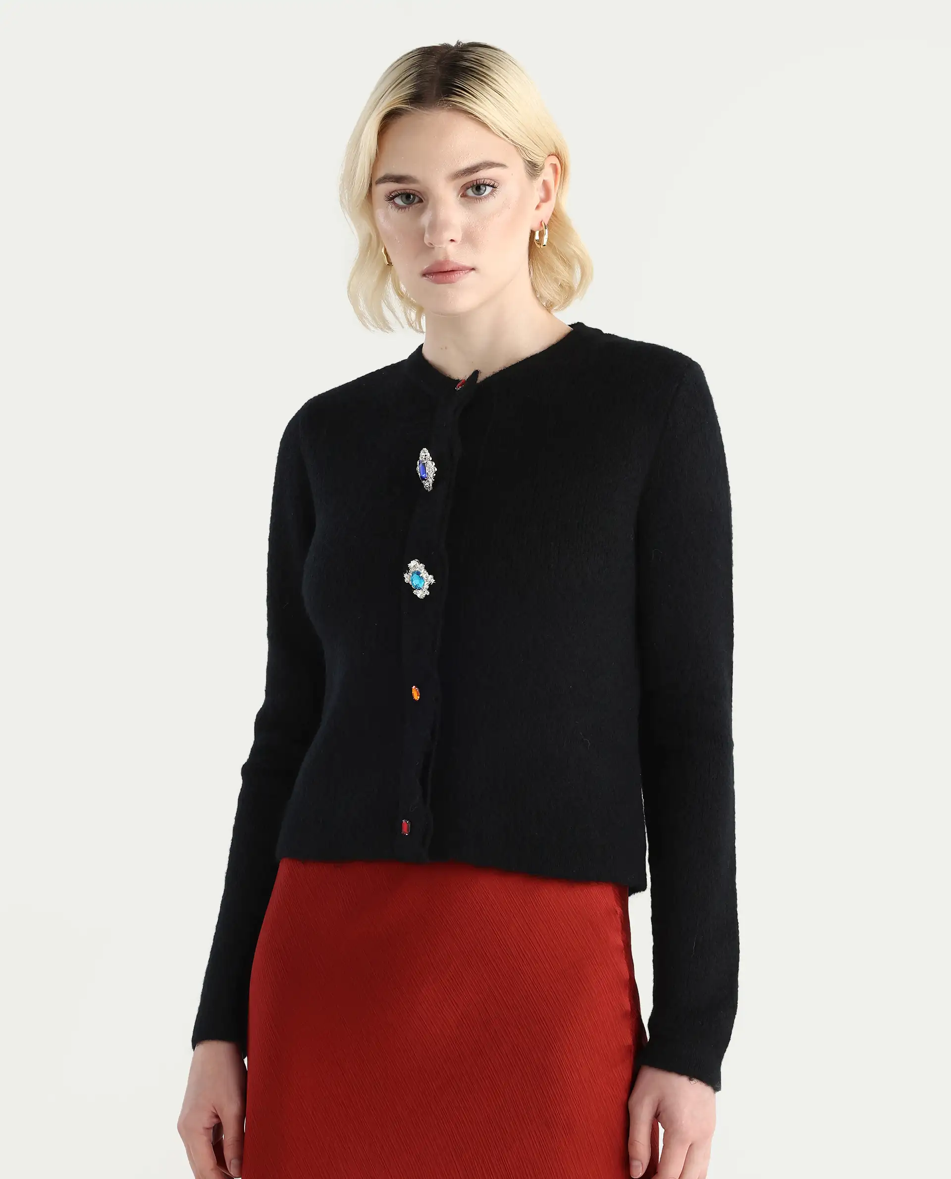 Rareism Women's Ries Black Acrylic Blend Crew Neck Regular Fit Cardigan - Image 3