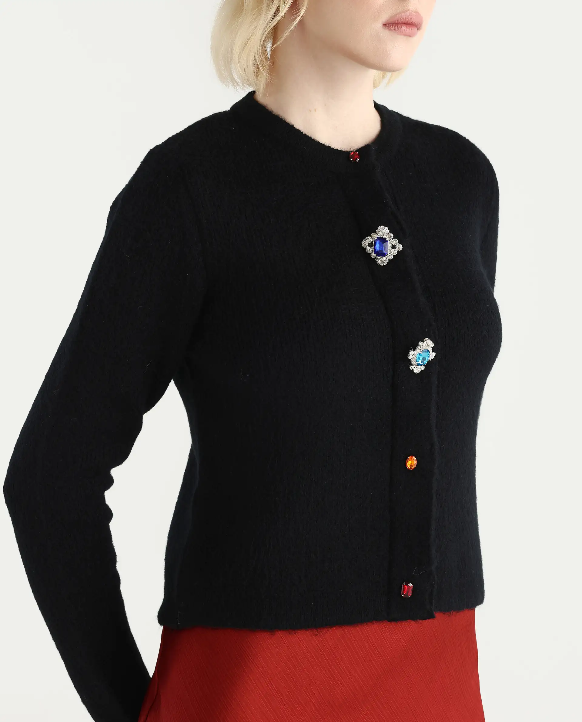 Rareism Women's Ries Black Acrylic Blend Crew Neck Regular Fit Cardigan - Image 4
