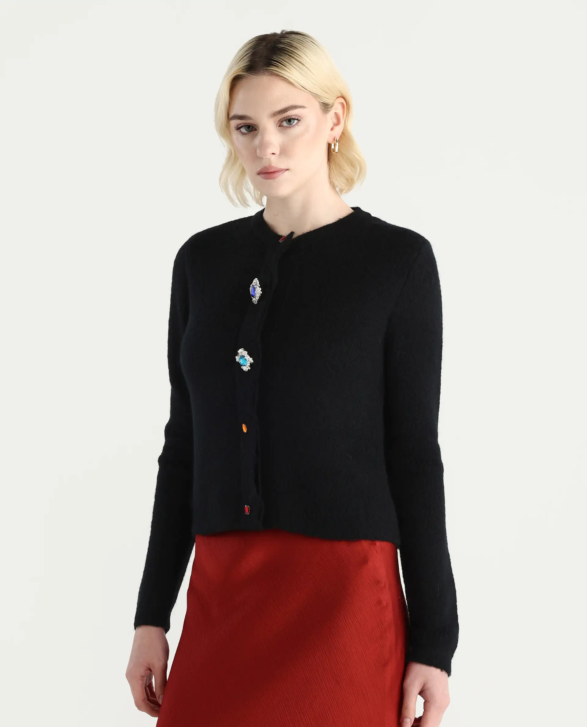 Rareism Women's Ries Black Acrylic Blend Crew Neck Regular Fit Cardigan - Image 5