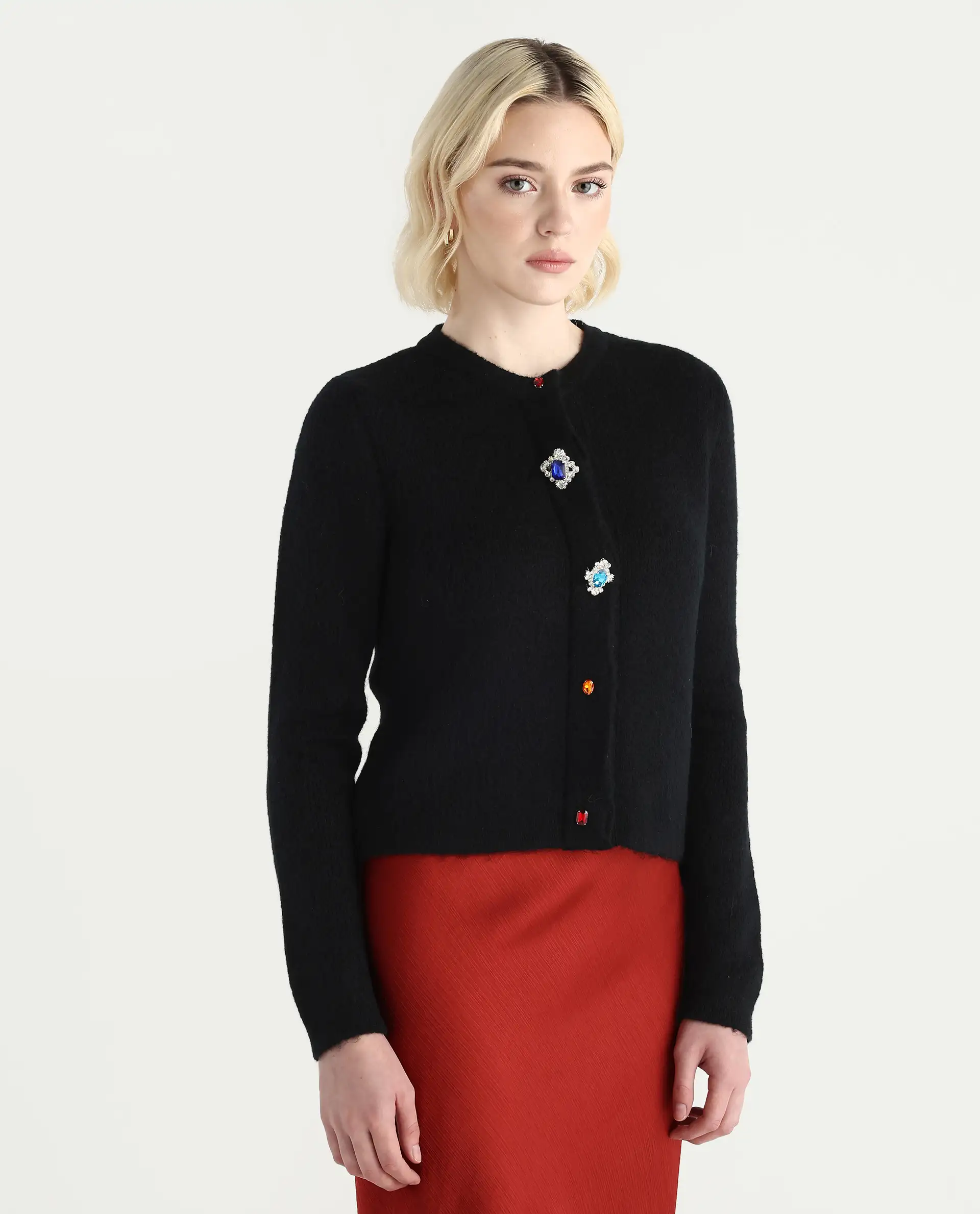 Rareism Women's Ries Black Acrylic Blend Crew Neck Regular Fit Cardigan - Image 6