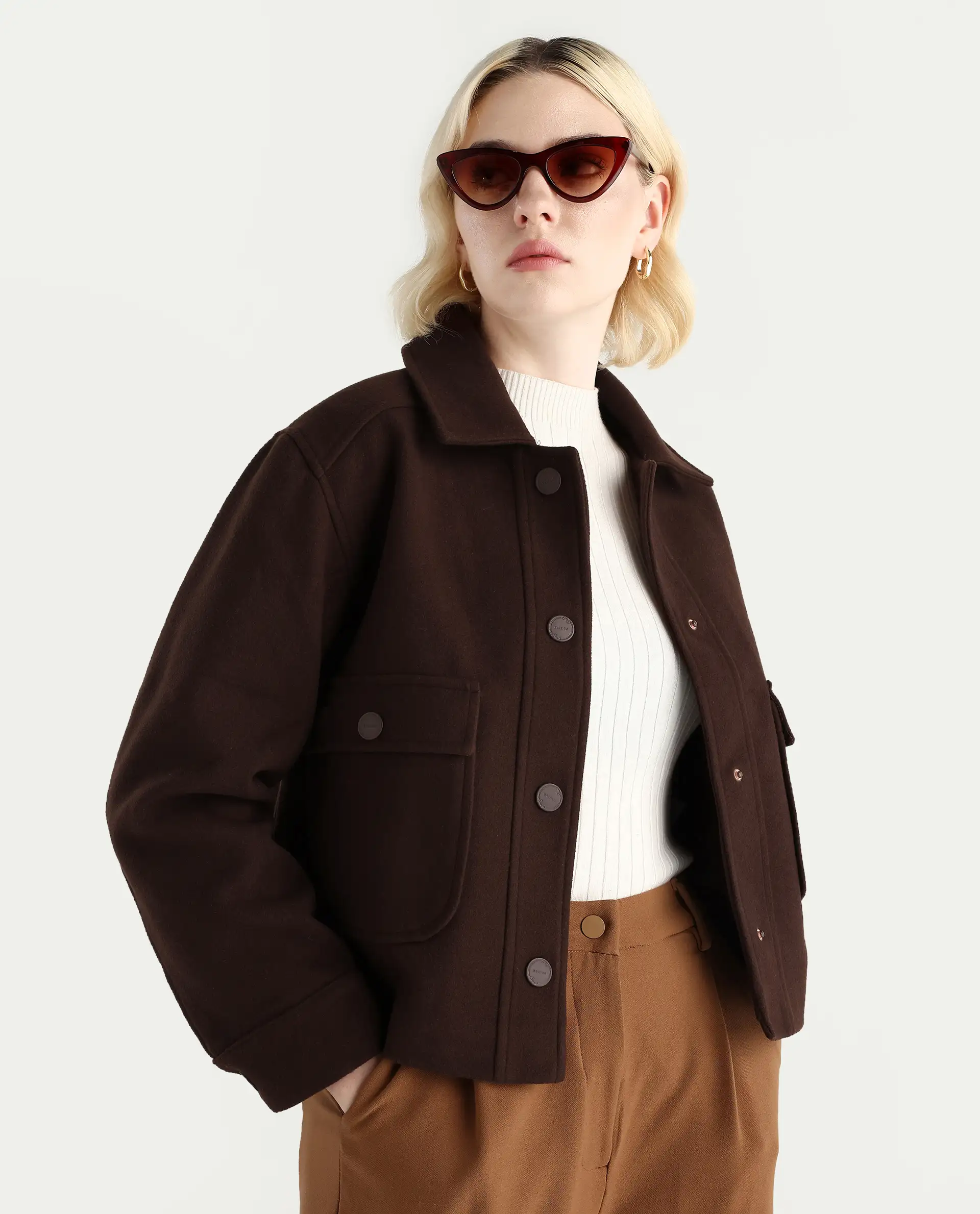 Rareism Women's Riffin Dark Brown Drop Collar Plain Cuffed Sleeve Regular Fit Jacket