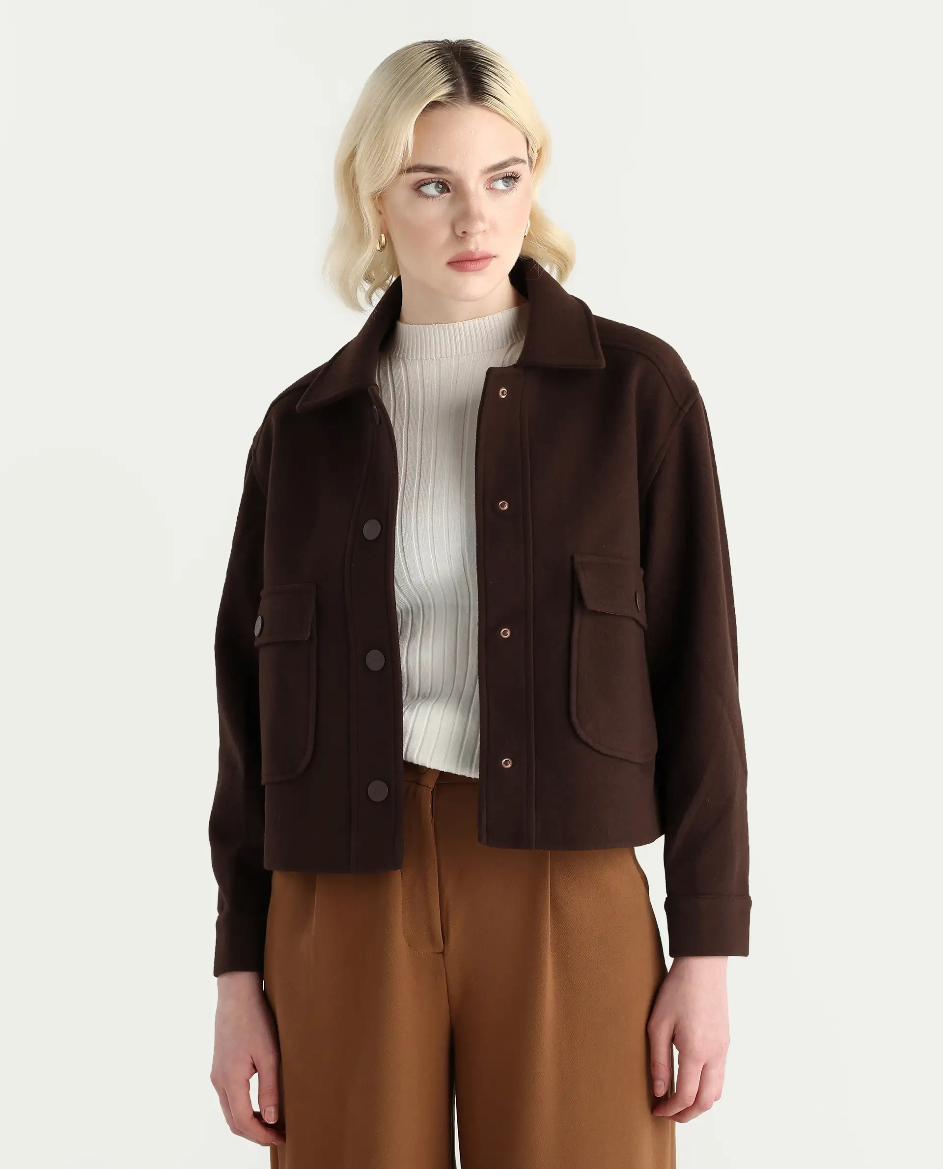 Rareism Women's Riffin Dark Brown Drop Collar Plain Cuffed Sleeve Regular Fit Jacket - Image 3