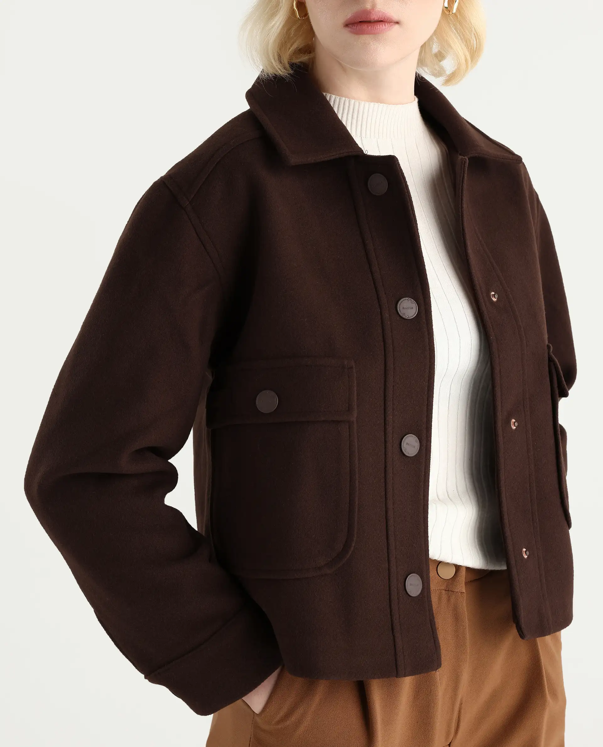 Rareism Women's Riffin Dark Brown Drop Collar Plain Cuffed Sleeve Regular Fit Jacket - Image 4