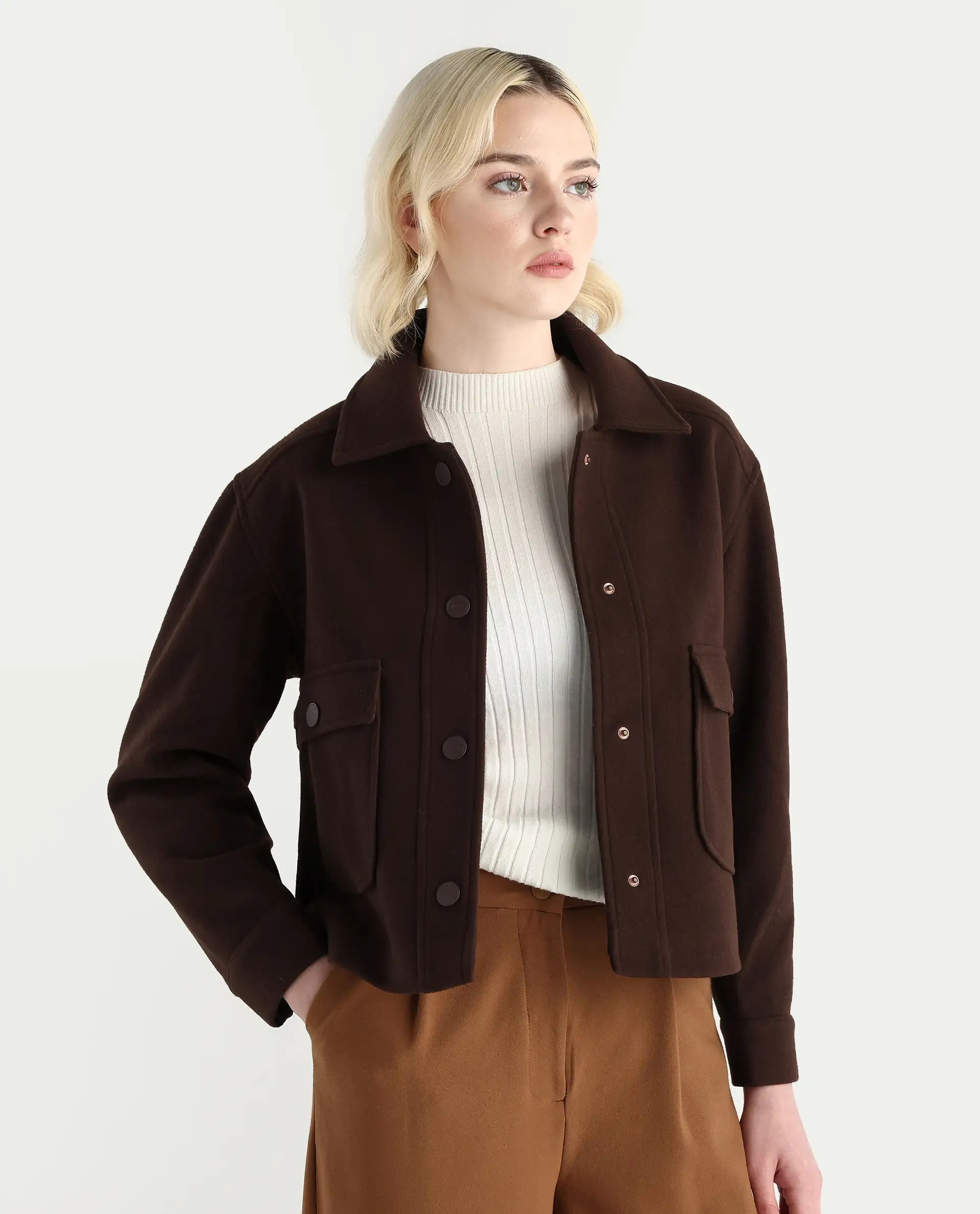 Rareism Women's Riffin Dark Brown Drop Collar Plain Cuffed Sleeve Regular Fit Jacket - Image 5