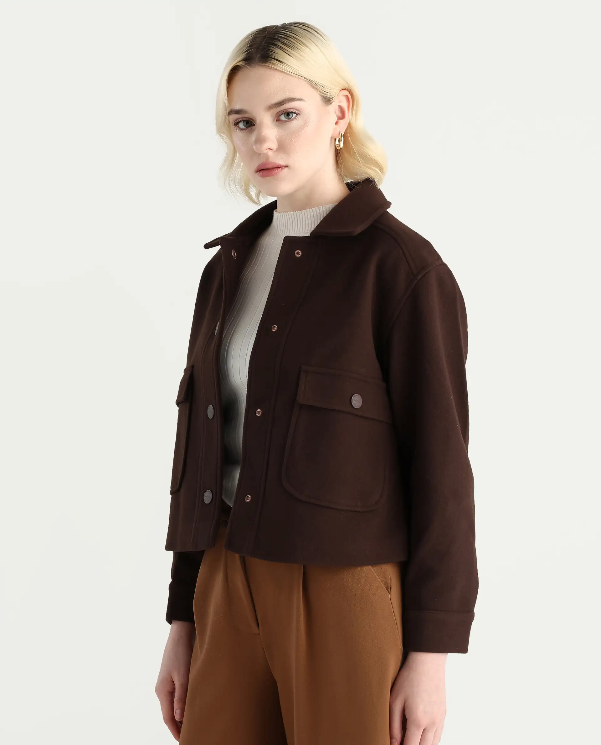 Rareism Women's Riffin Dark Brown Drop Collar Plain Cuffed Sleeve Regular Fit Jacket - Image 6
