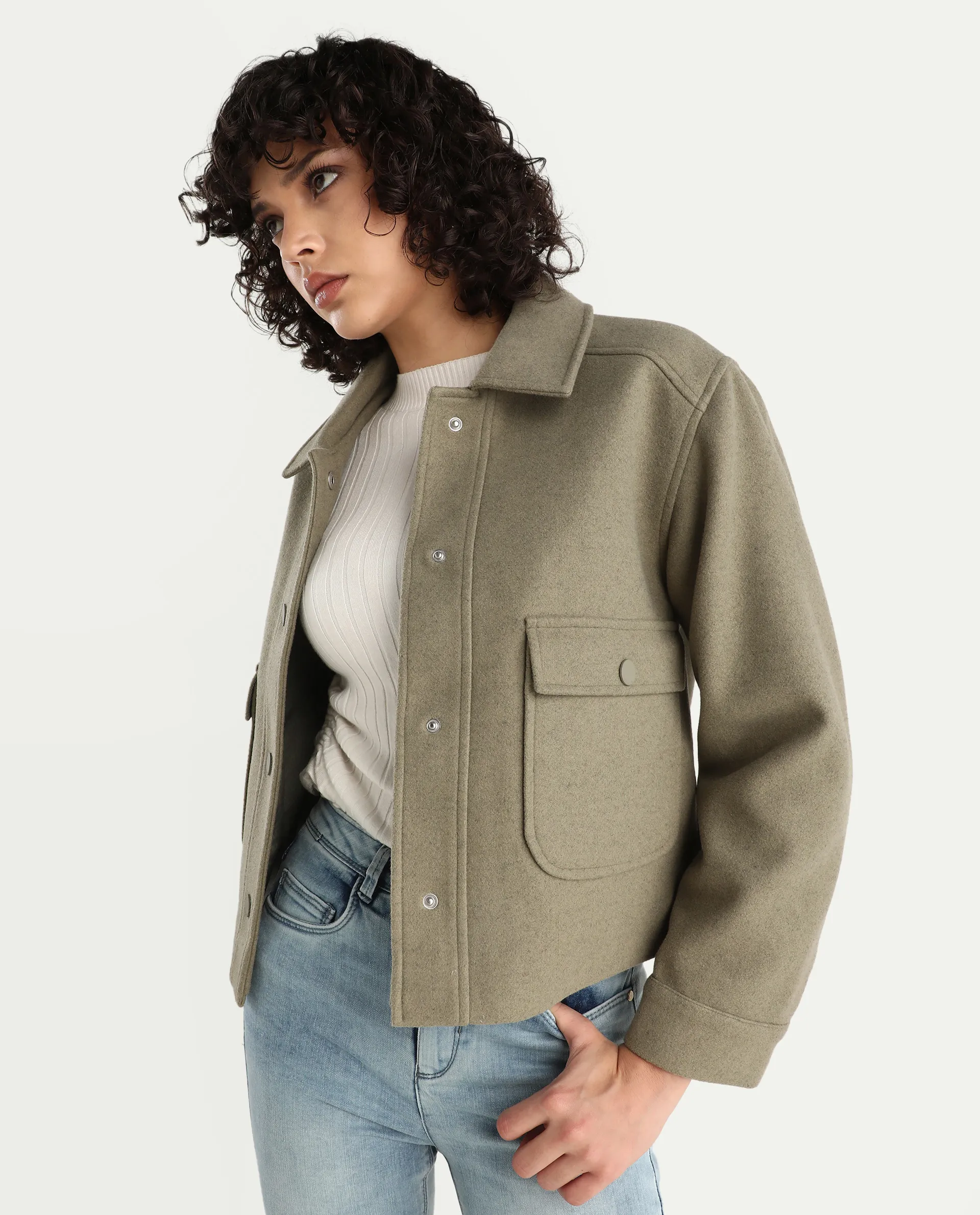 Rareism Women's Riffin Dusky Green Drop Collar Plain Cuffed Sleeve Regular Fit Jacket