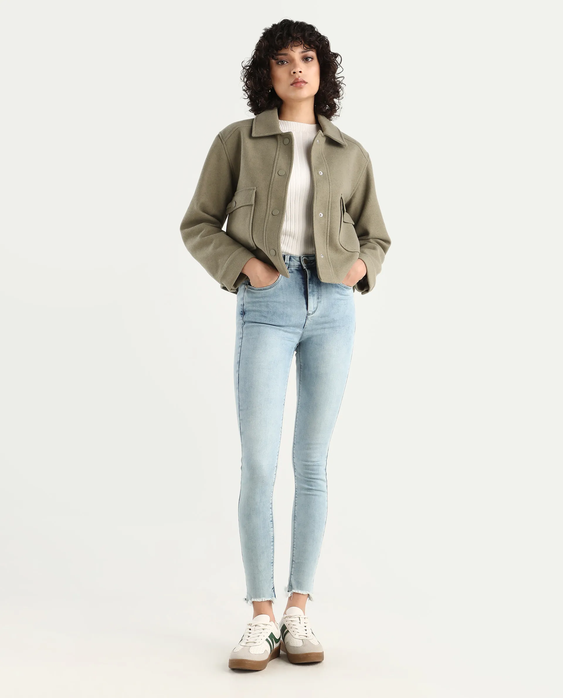 Rareism Women's Riffin Dusky Green Drop Collar Plain Cuffed Sleeve Regular Fit Jacket - Image 2
