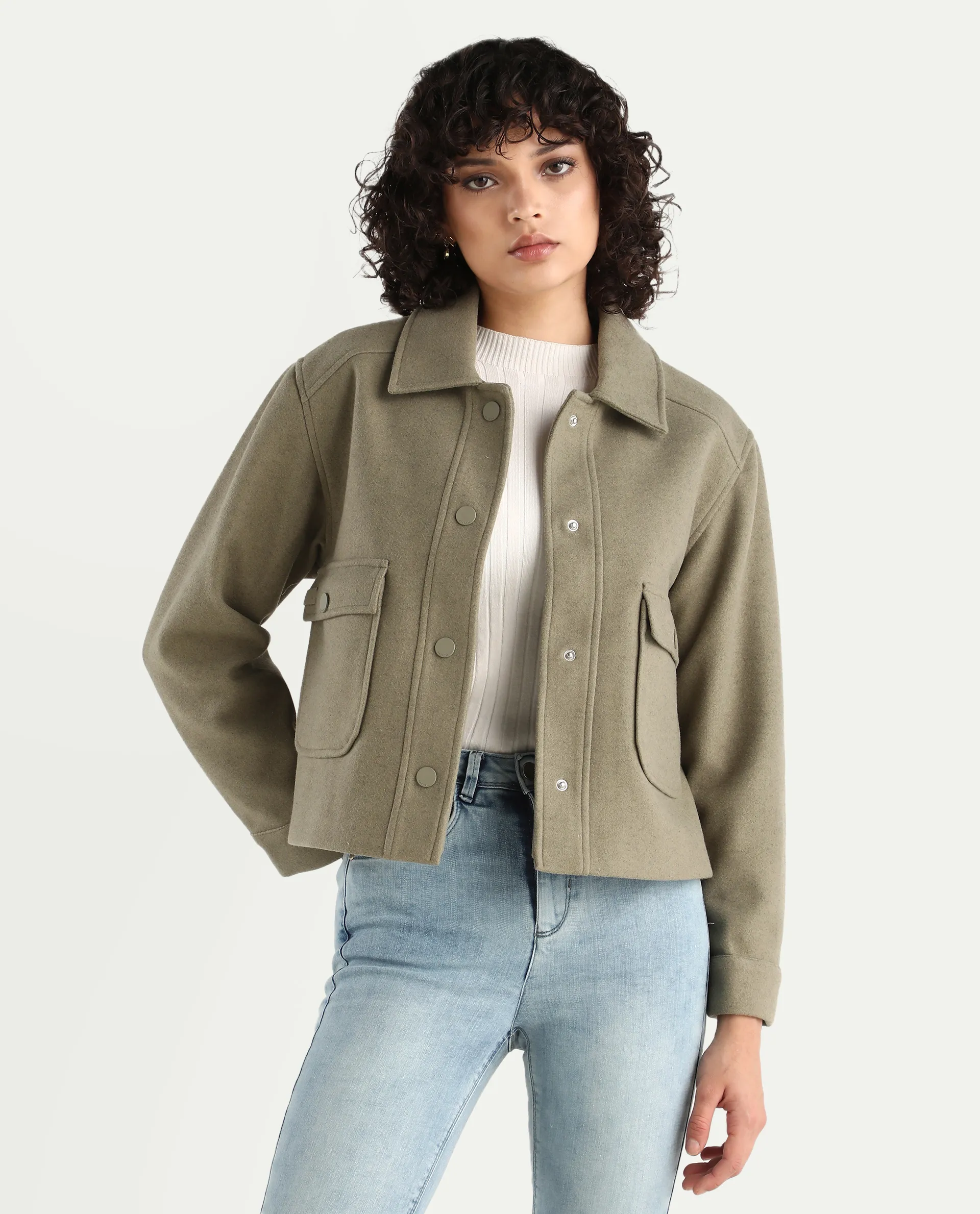 Rareism Women's Riffin Dusky Green Drop Collar Plain Cuffed Sleeve Regular Fit Jacket - Image 3