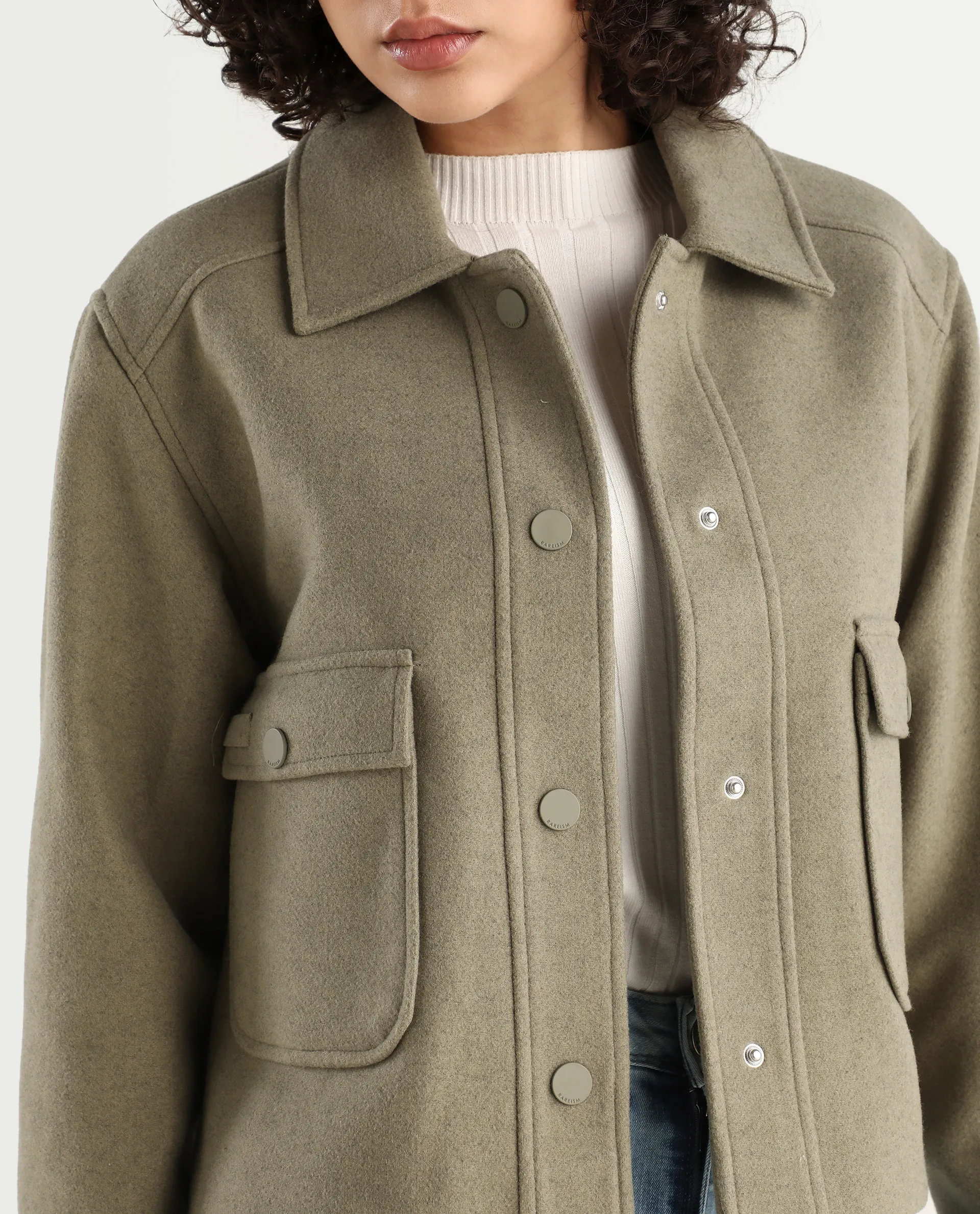 Rareism Women's Riffin Dusky Green Drop Collar Plain Cuffed Sleeve Regular Fit Jacket - Image 4