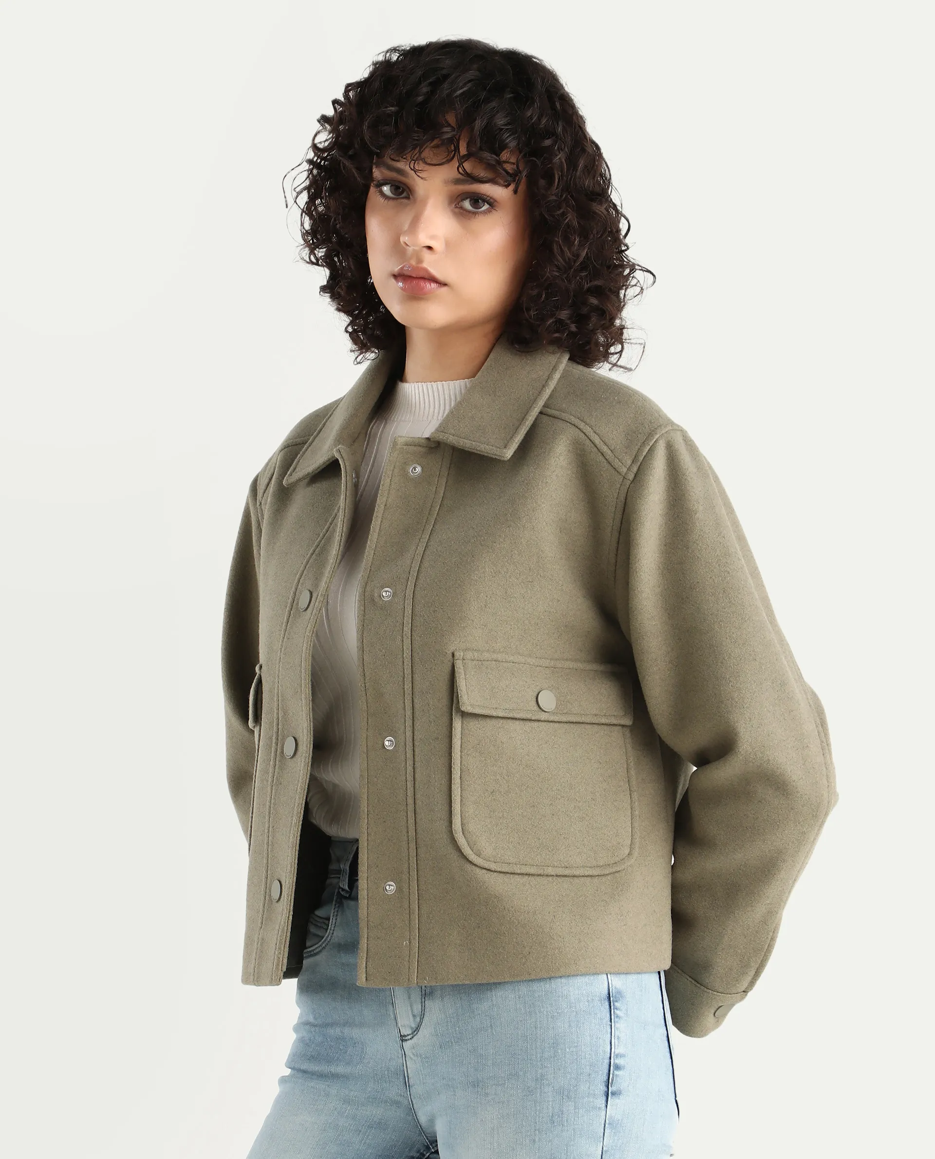 Rareism Women's Riffin Dusky Green Drop Collar Plain Cuffed Sleeve Regular Fit Jacket - Image 5