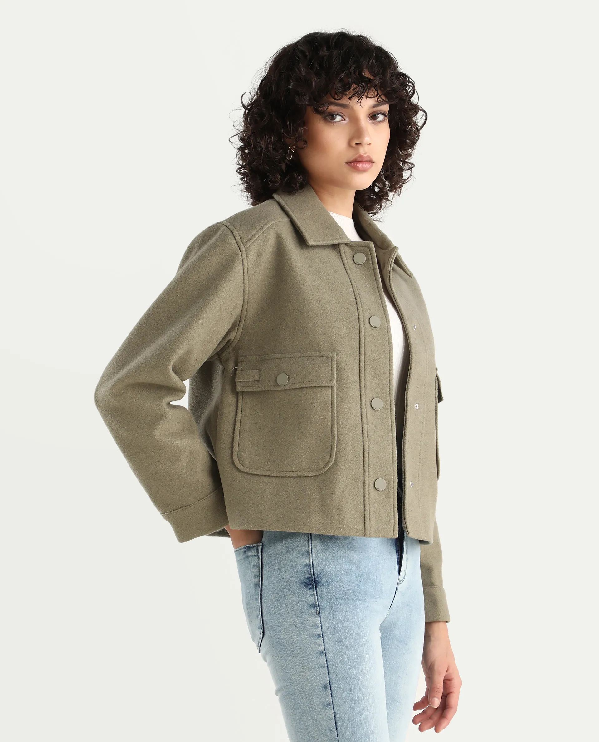 Rareism Women's Riffin Dusky Green Drop Collar Plain Cuffed Sleeve Regular Fit Jacket - Image 6