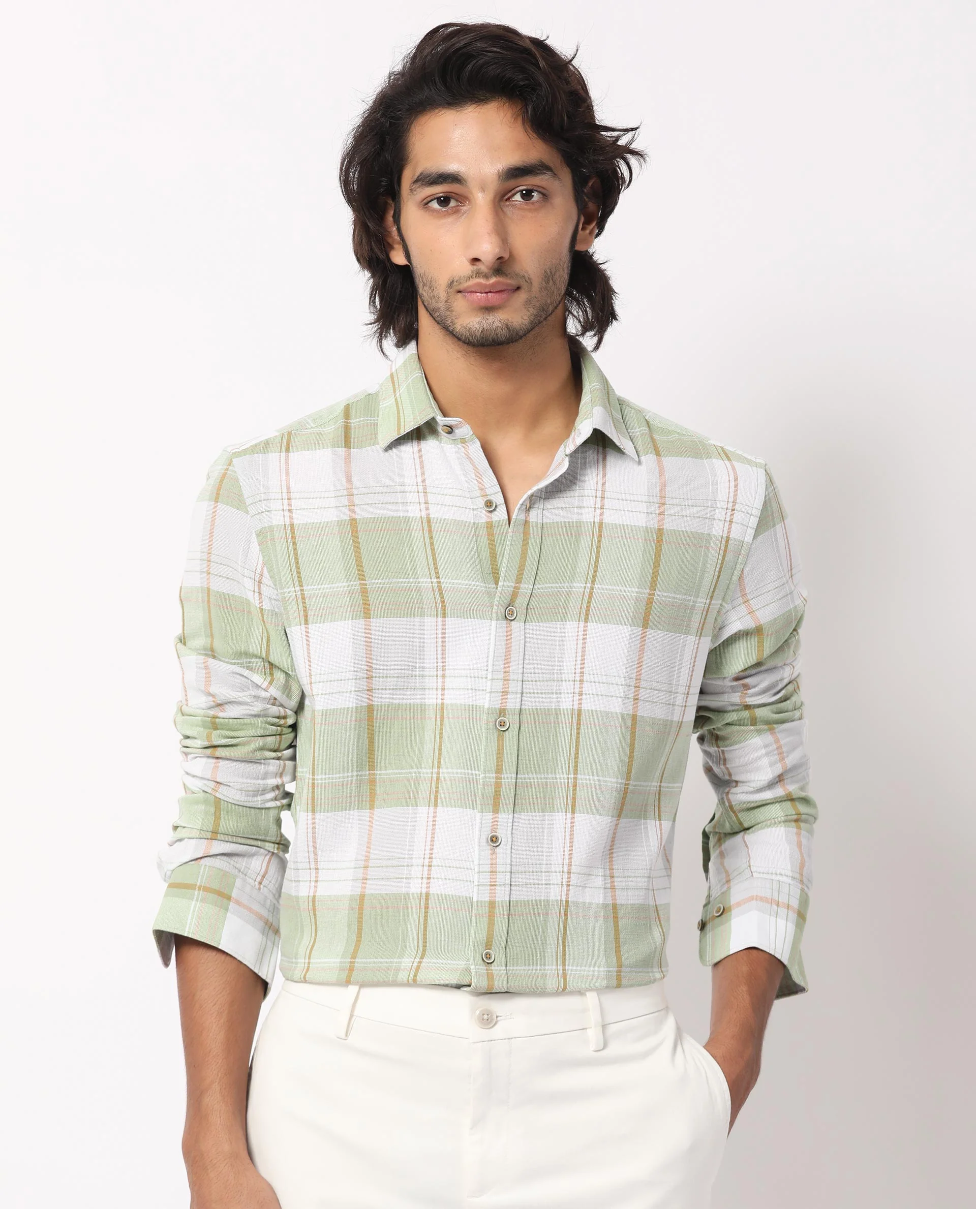 Rare Rabbit Men's Riga Green Cotton Checked Print Regular Fit Full Sleeve Collared Shirt - Image 2