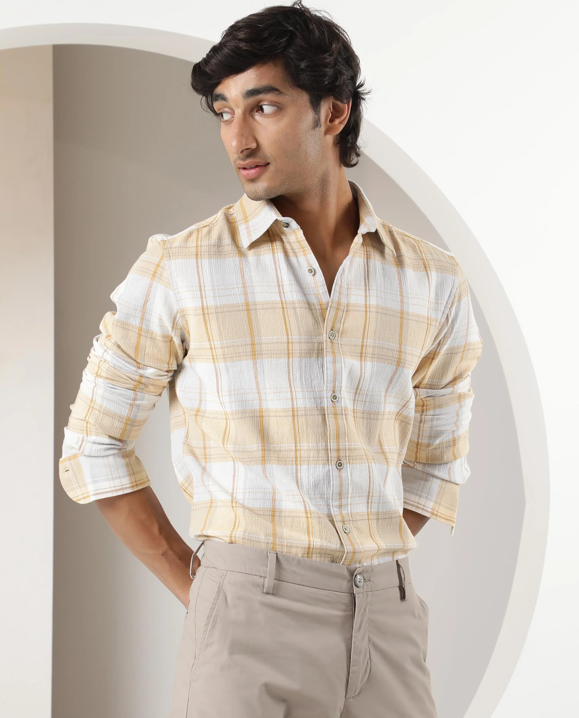 Rare Rabbit Men's Riga Yellow Cotton Checked Print Regular Fit Full Sleeve Collared Shirt