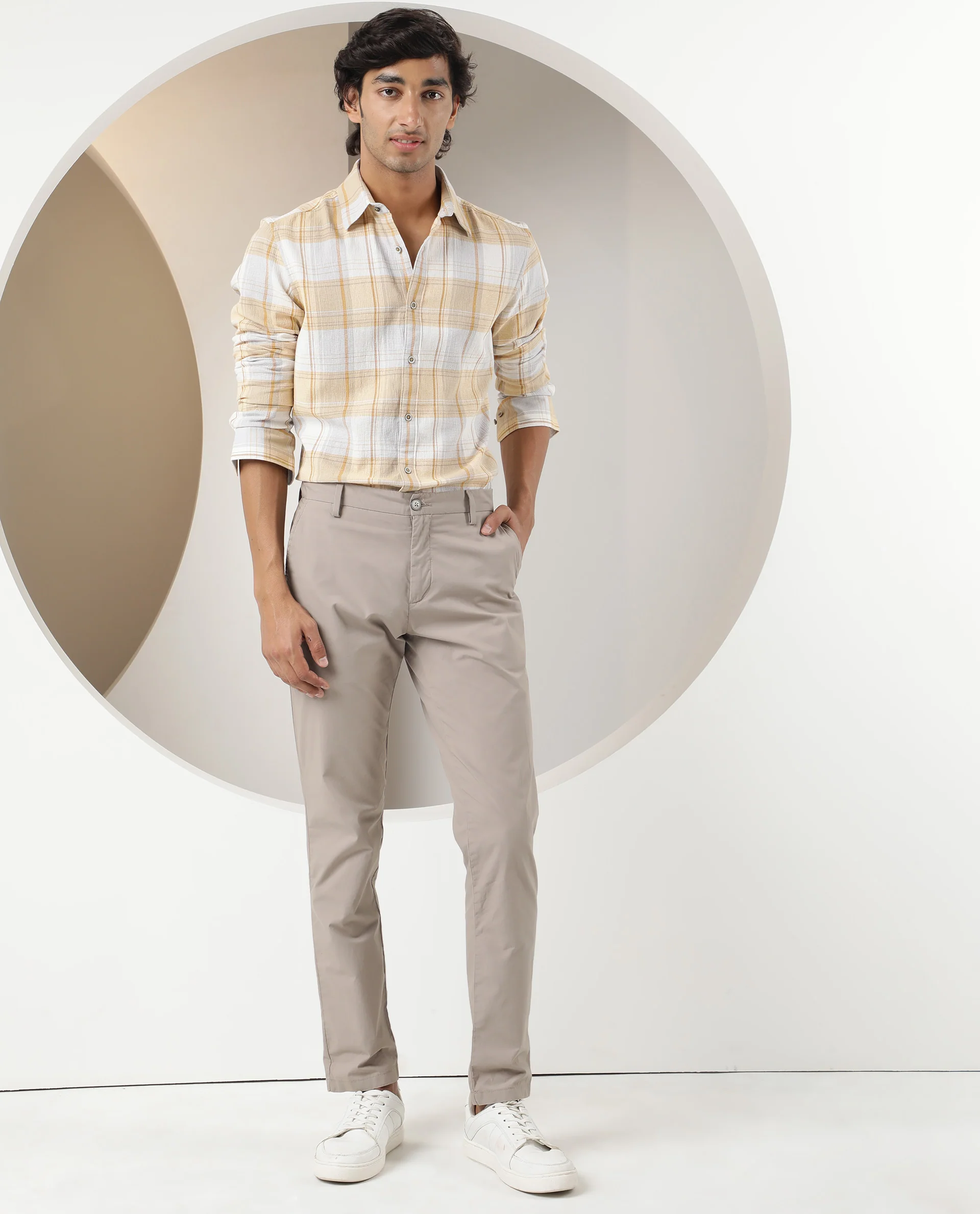 Rare Rabbit Men's Riga Yellow Cotton Checked Print Regular Fit Full Sleeve Collared Shirt - Image 2