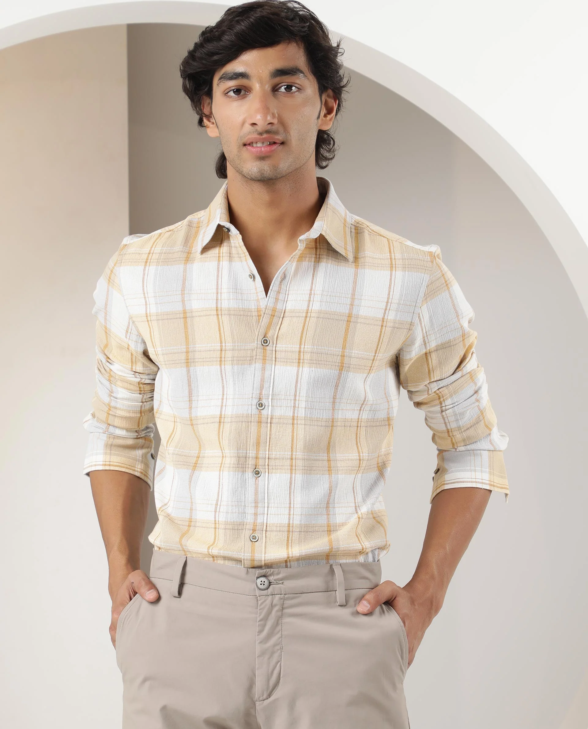 Rare Rabbit Men's Riga Yellow Cotton Checked Print Regular Fit Full Sleeve Collared Shirt - Image 3