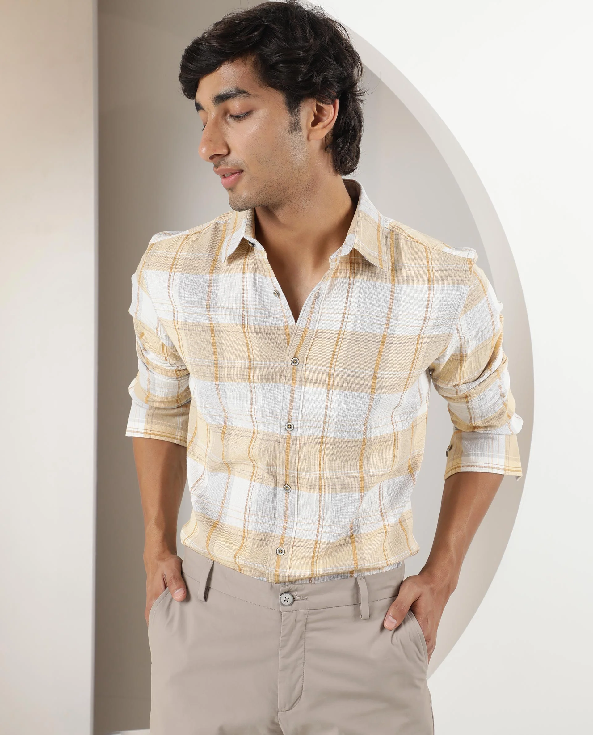 Rare Rabbit Men's Riga Yellow Cotton Checked Print Regular Fit Full Sleeve Collared Shirt - Image 6