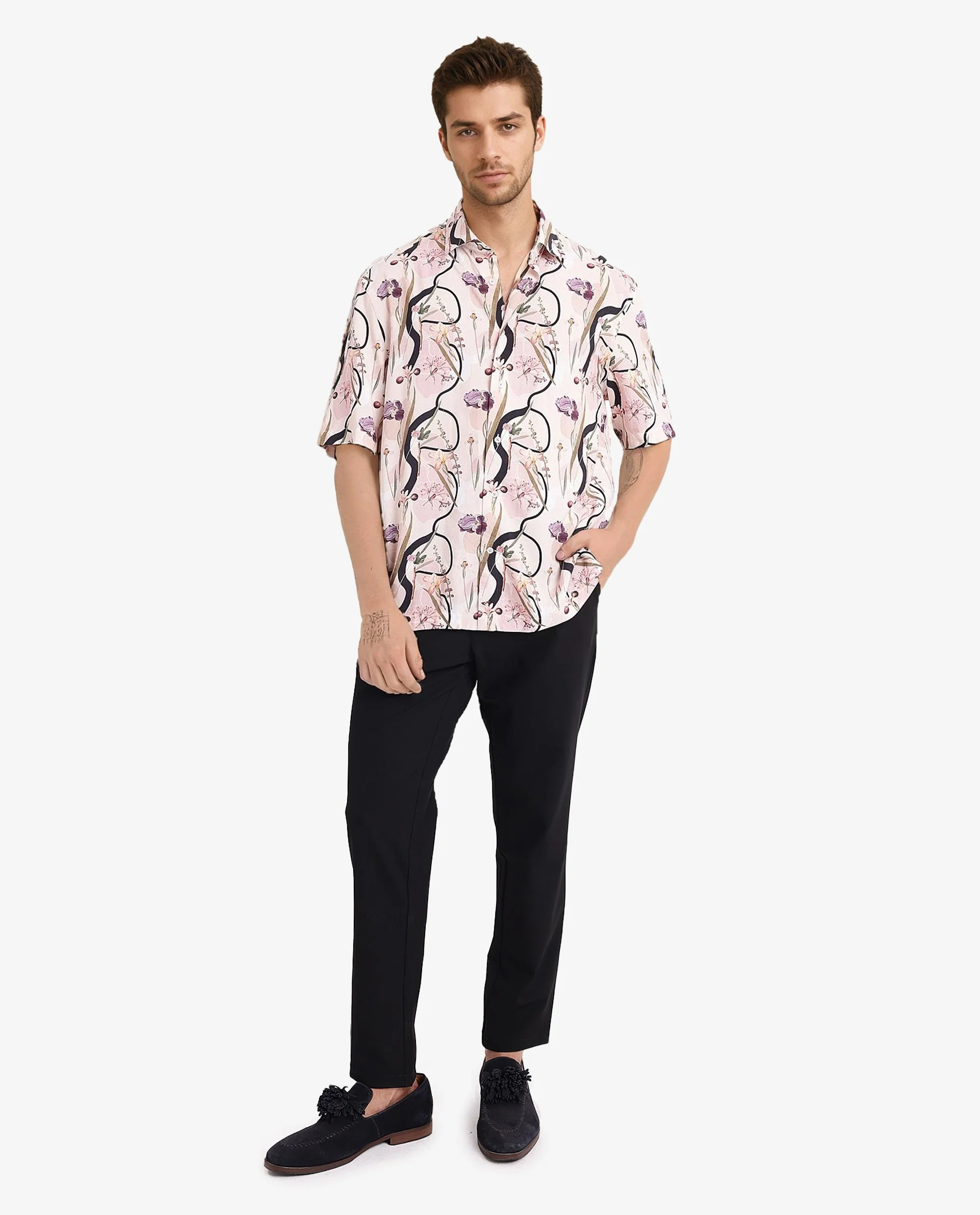 Rare Rabbit Men's Rigel Pastel Peach Viscose Floral Print Boxy Fit Half Sleeve Collared Shirt - Image 2