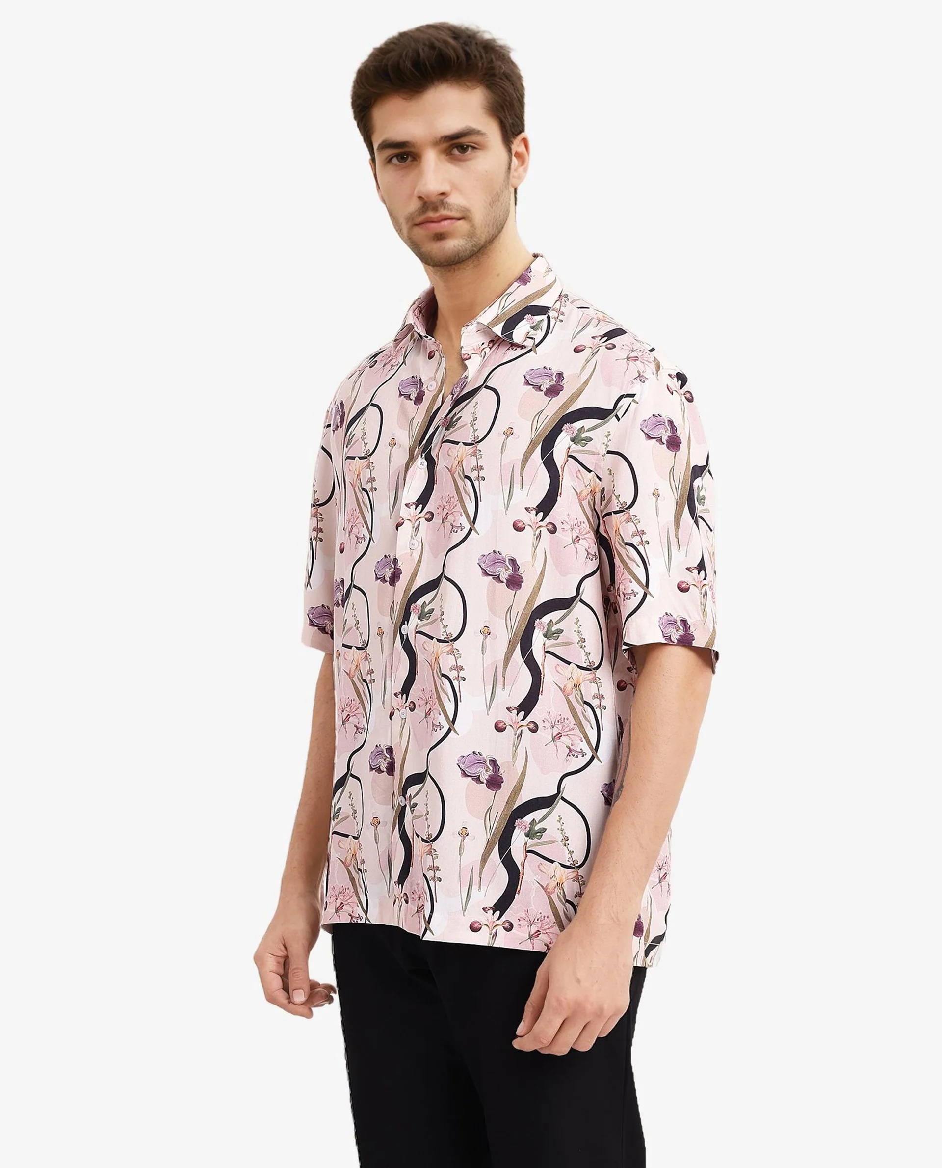Rare Rabbit Men's Rigel Pastel Peach Viscose Floral Print Boxy Fit Half Sleeve Collared Shirt - Image 3