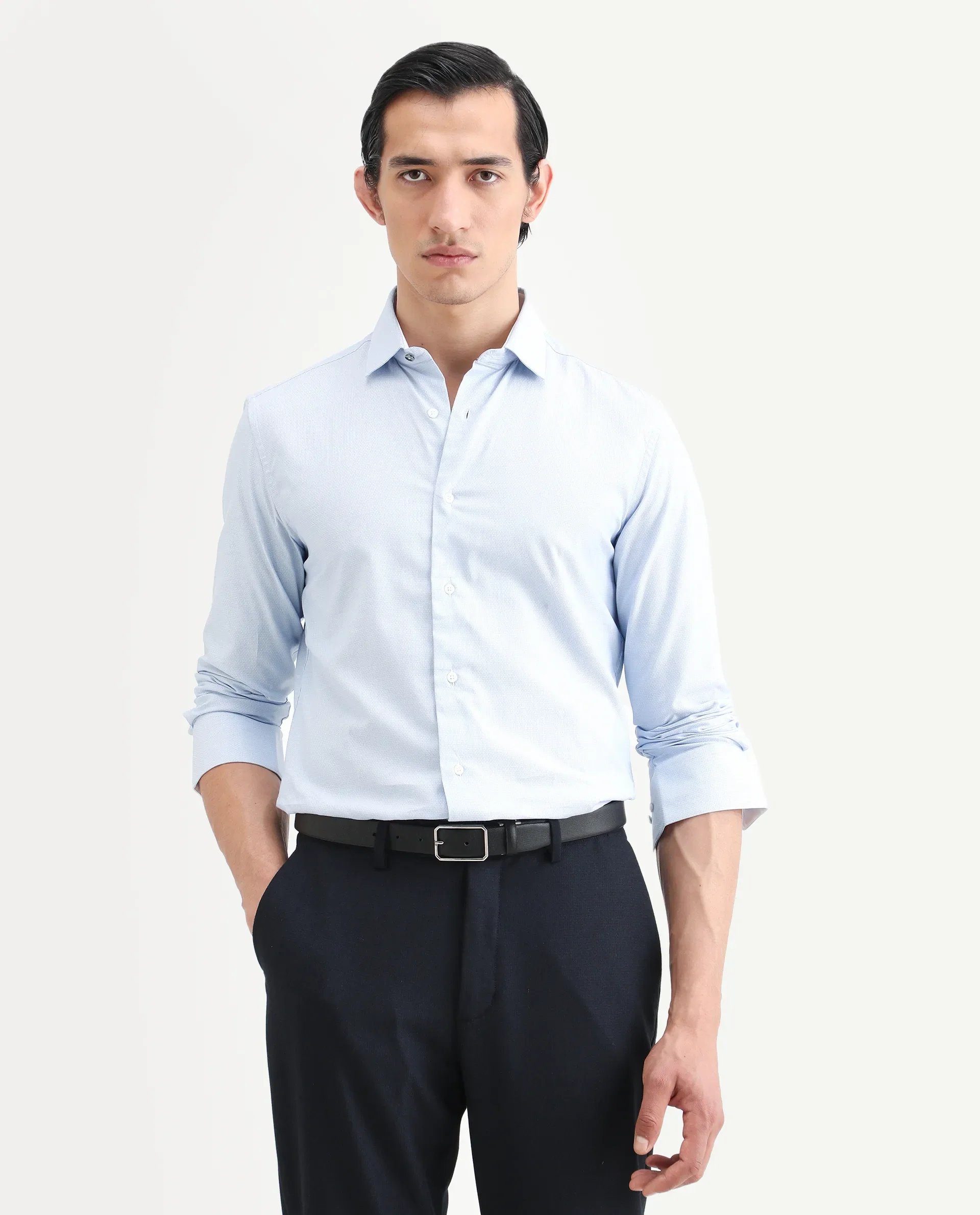 Rare Rabbit Men's Rigor Pastel Blue Cotton Textured Regular Fit Full Sleeve Collared Shirt - Image 3
