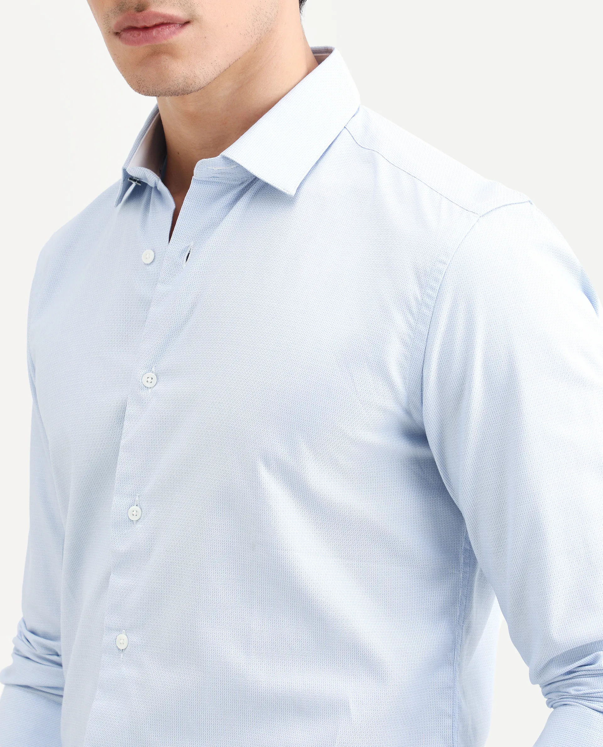 Rare Rabbit Men's Rigor Pastel Blue Cotton Textured Regular Fit Full Sleeve Collared Shirt - Image 4
